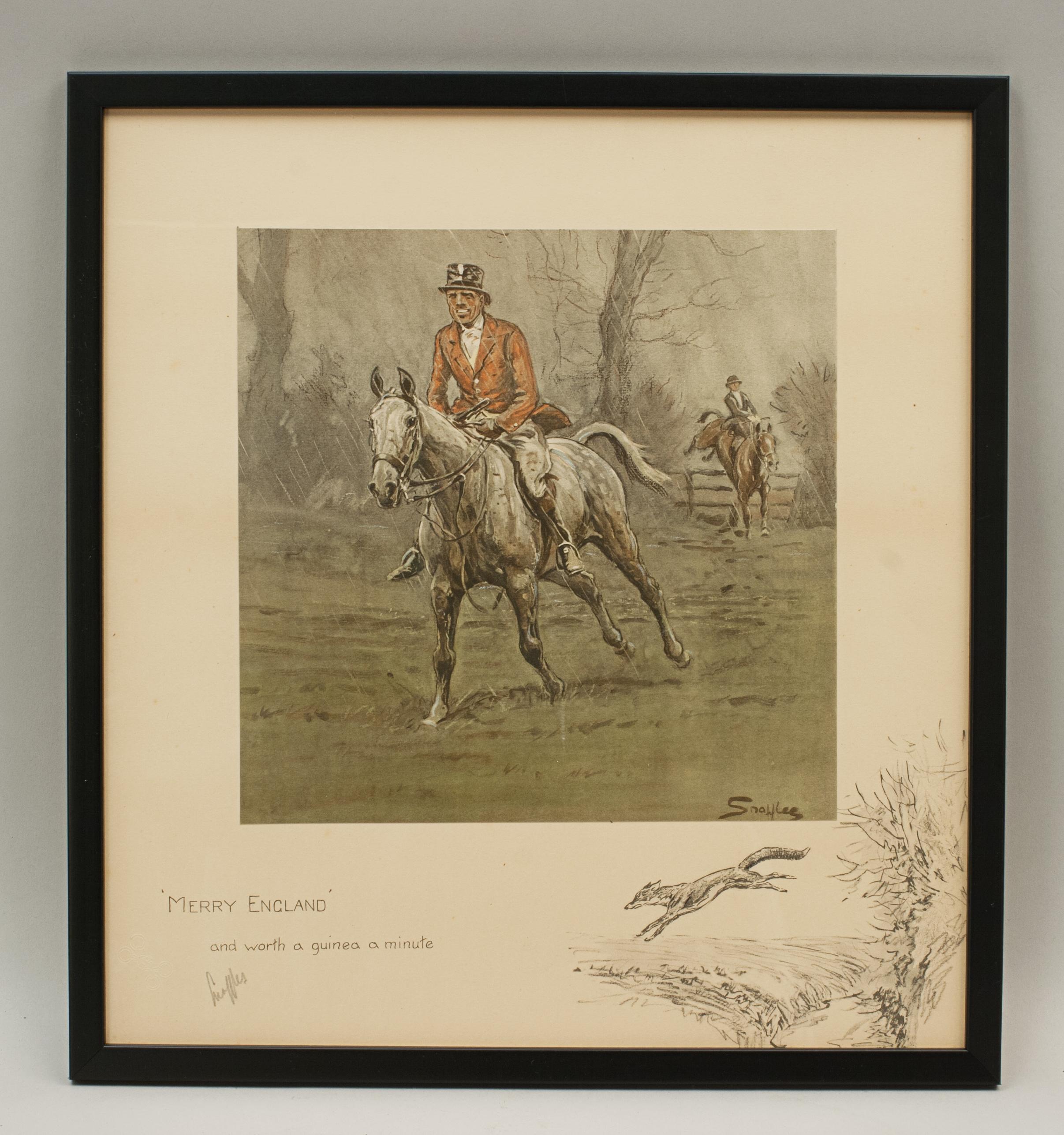 Vintage Snaffles Hunting Print, Merry England.
A hand coloured Snaffles photolithograph entitled 'Merry England' with secondary caption 