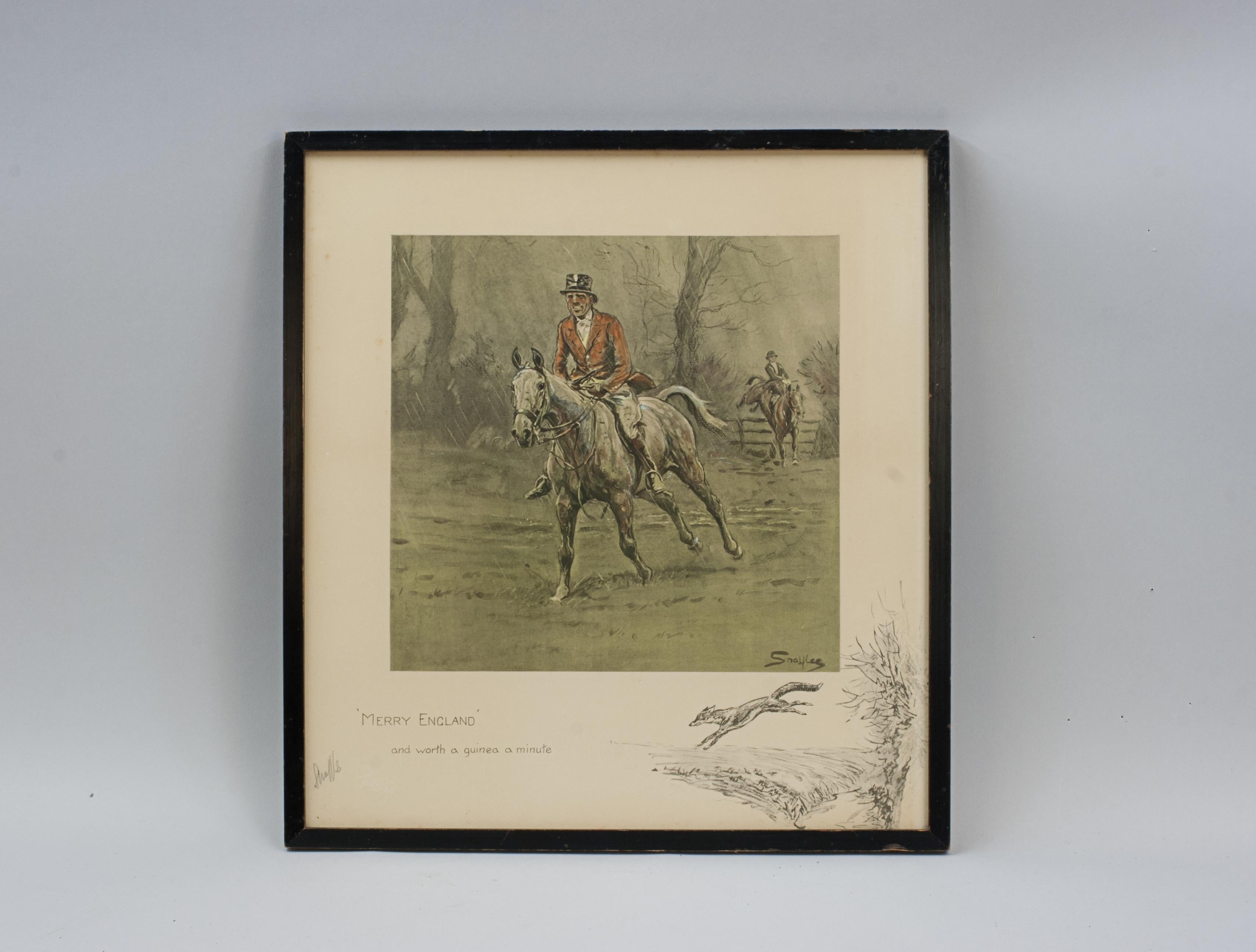 Vintage Snaffles Hunting Print, Merry England.
Eine handkolorierte Snaffles-Fotolithografie mit dem Titel 