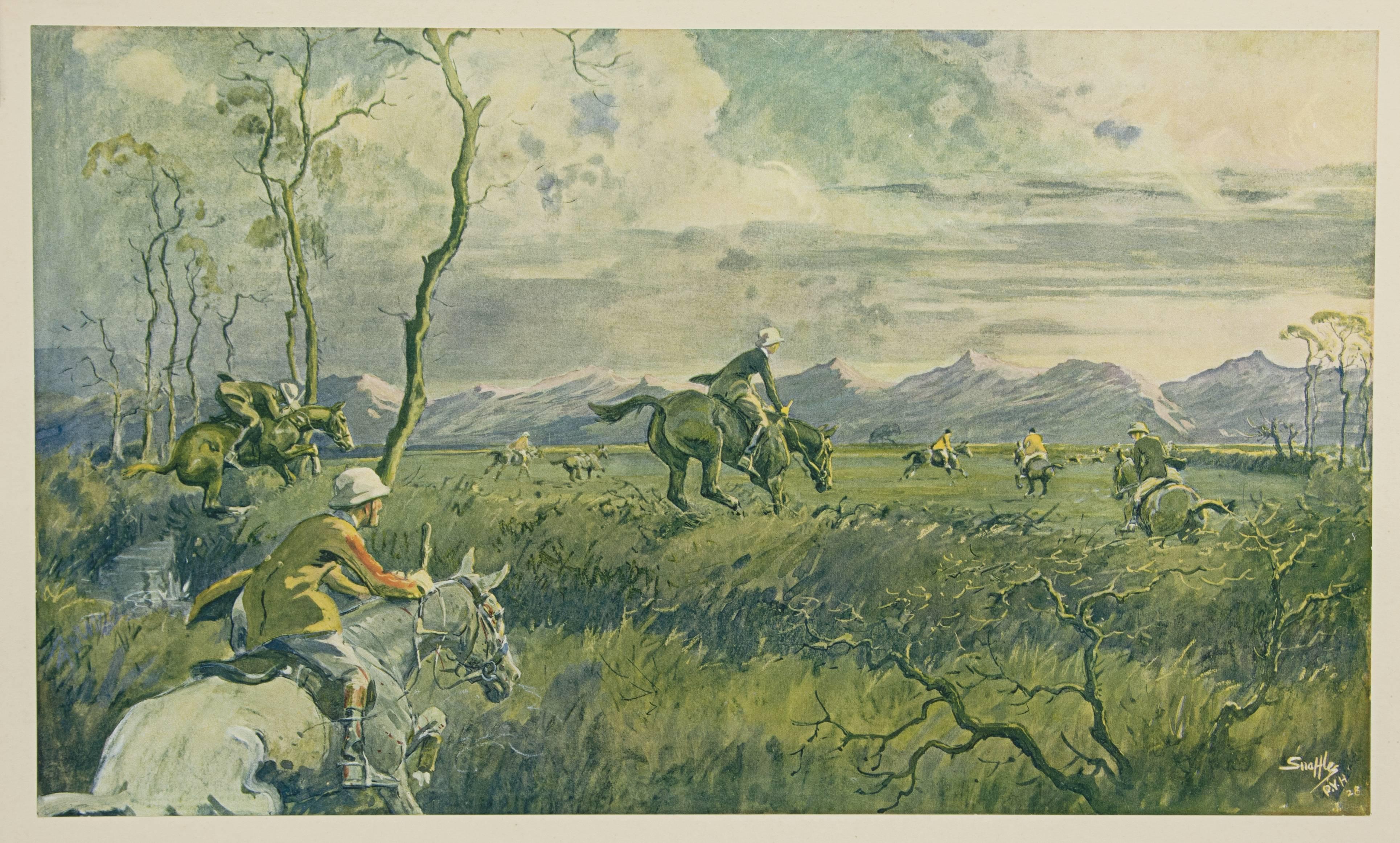 Peshawar vale hunt by Snaffles.
A good signed Snaffles Hunting print 'The Peshawar Vale Hunt'. The Snaffles hand finished lithograph depicts huntsman in solar topees galloping across the plains and jumping the Jabkinndda Drain after a jackal. The