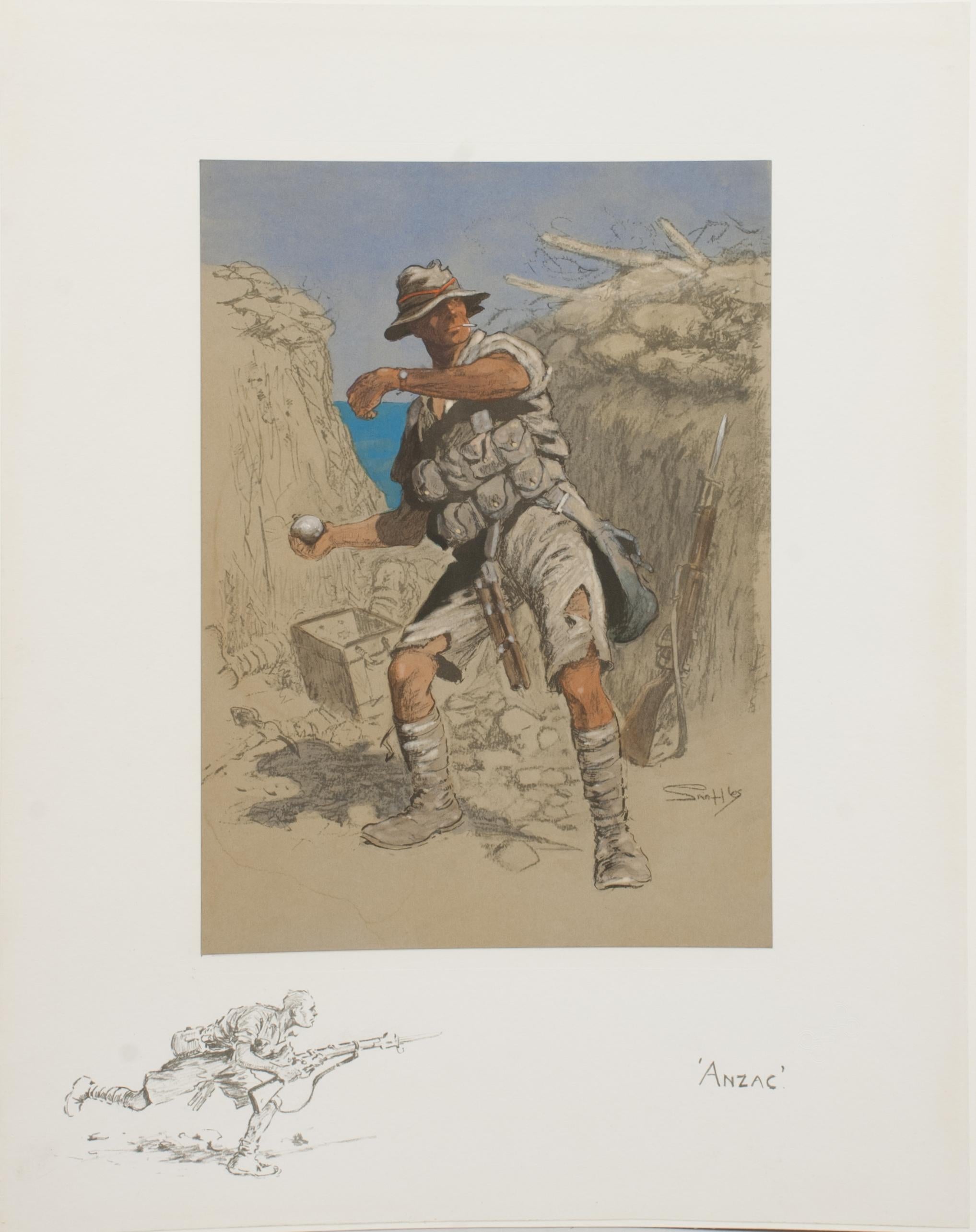Vintage Snaffles WWI Military Print, Anzac.
A good Snaffles WWI military print entitled 'Anzac'. The main center colour-piece image is mounted onto the printed remarque board. The Snaffles hand coloured lithograph shows an Australian soldier in the