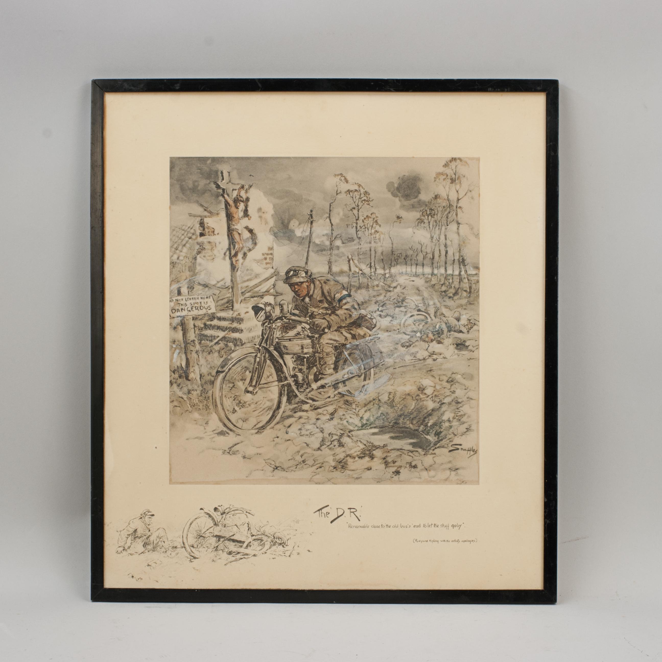 Vintage Snaffles WWI Military Print, The D.R.
A good hand coloured Snaffles WWI military print 'The D.R.'. The main center colour-piece image is mounted onto the printed remarque board and shows a despatch rider on a motor cycle racing past two dead