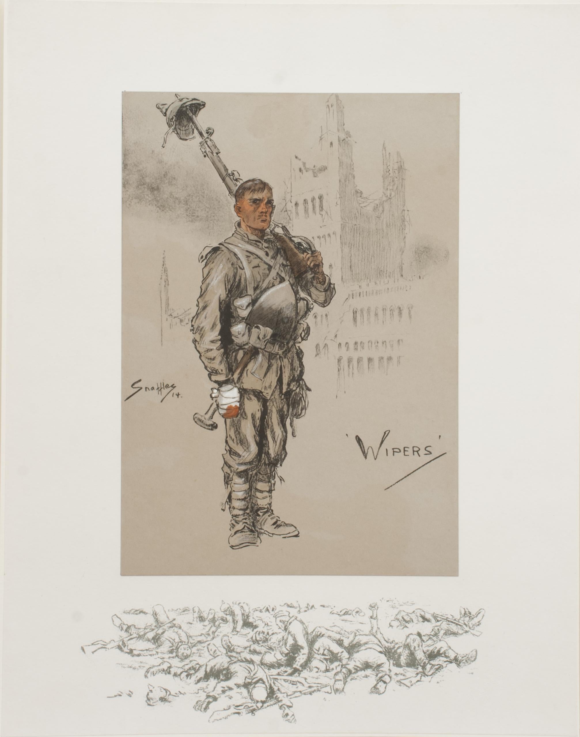 Vintage Snaffles First World War Print, Wipers.
A good Snaffles WWI military print entitled 'Wipers'. The main center colour-piece hand coloured lithograph is mounted onto the printed remarque board. The Snaffles lithograph shows a wounded soldier