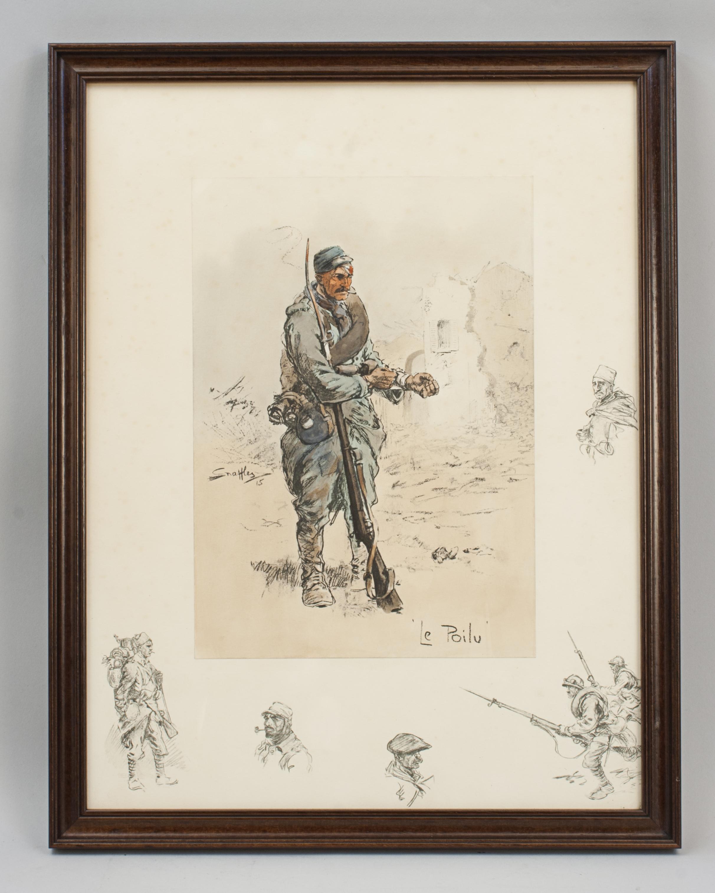 Vintage Snaffles First World War Print, Le Poilu.
A good Snaffles WWI military print 'Le Poilu'. The main center colour-piece image is mounted onto the printed remarque board.The Snaffles hand coloured lithograph shows a wounded French infantryman