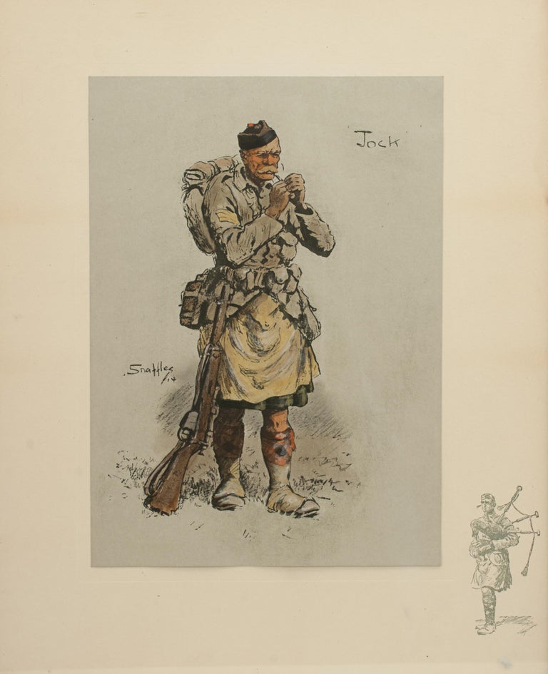 Snaffles WW I Military print 'Jock'.
A hand coloured Snaffles lithograph entitled 'Jock' showing a kilted sergeant lighting his pipe. In the right hand margin is a remarque depicting a Scottish piper playing his bag pipes. The print is with the