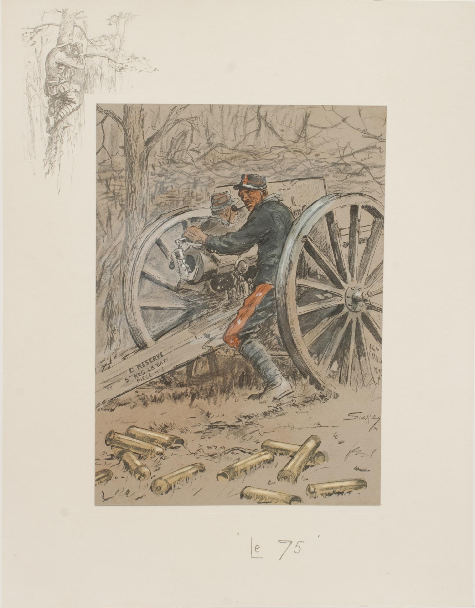 Vintage Snaffles WWI Military Print, Le 75.
A good Snaffles WWI military print 'Le 75', the main center colour-piece hand coloured lithograph is mounted onto the printed remarque board. The lithograph shows a French artillery man firing a 75 mm