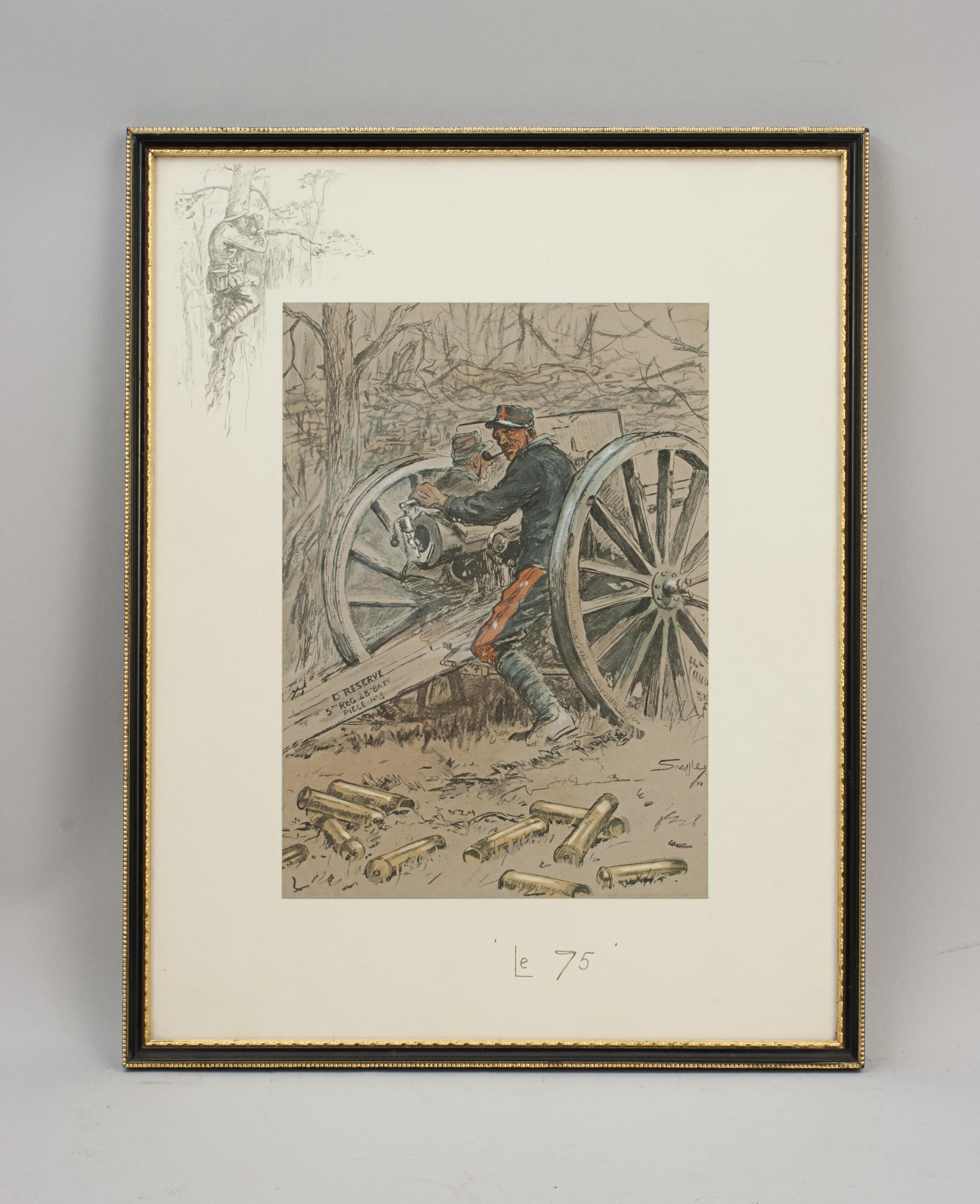 Sporting Art Snaffles WW1 Military Lithograph, 'le 75' Military Print. For Sale
