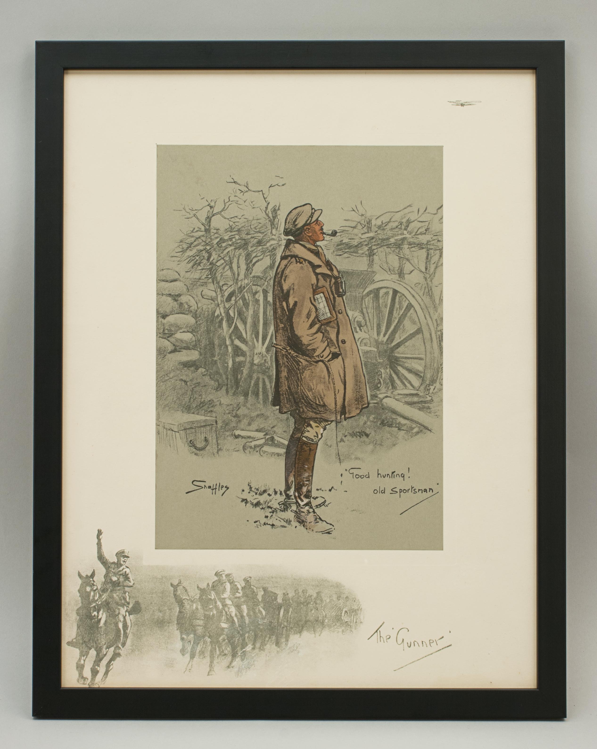 Snaffles WWI Military Print, The Gunner.
A good Snaffles WWI military print entitled 'The 'Gunner'. It is a hand coloured lithograph and shows the Gunner looking up at a passing plane (it is a remaque in the top right corner) with the caption 'Good