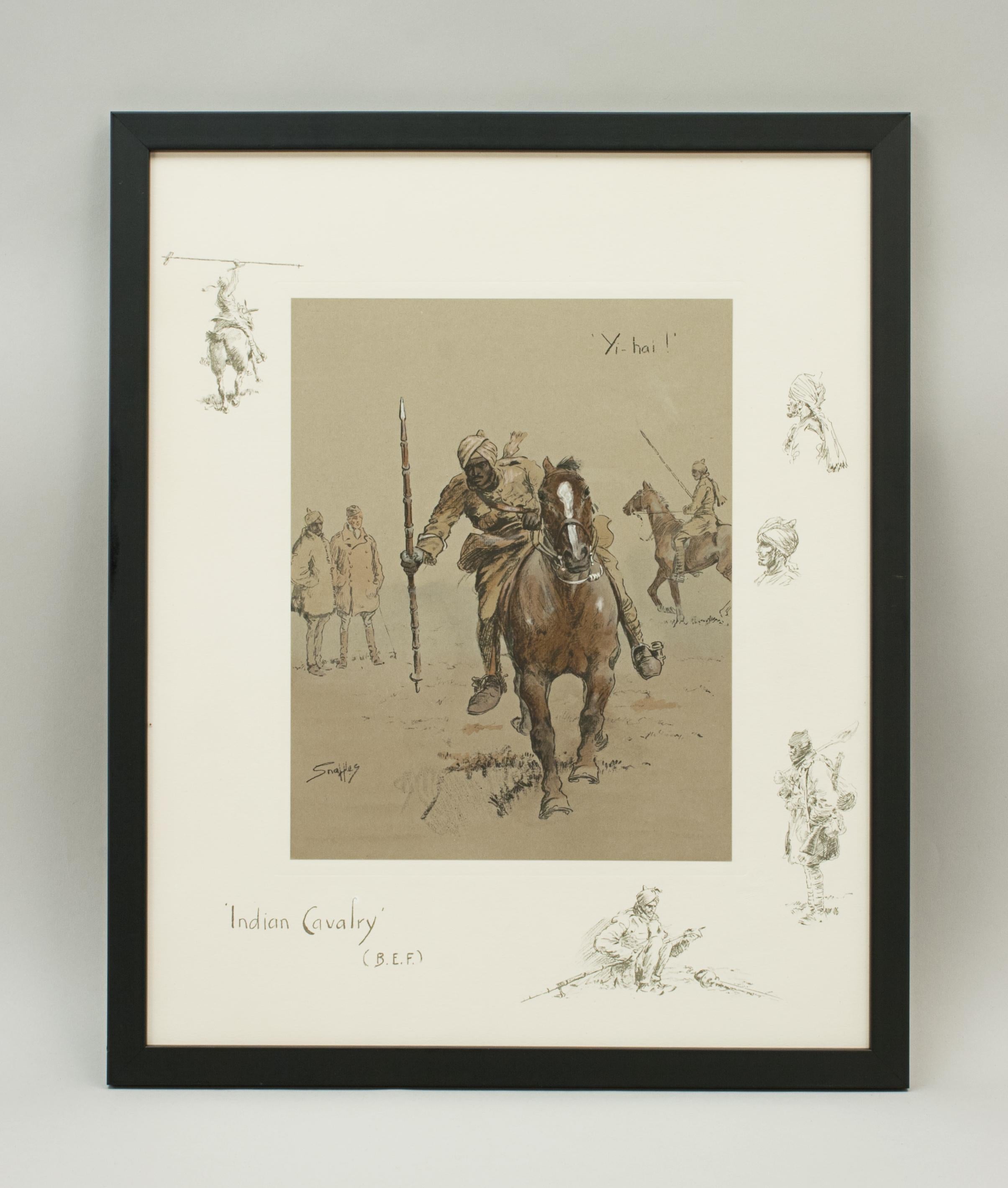 Snaffles WWI Military print, Yi-Hai!, Indian cavalry.
A good snaffles WWI military print 'Indian Cavalry (B.E.F.)', 'Yi - hai!' The snaffles hand colored lithograph is with the snaffles blindstamp and in a new black frame. The main picture shows a