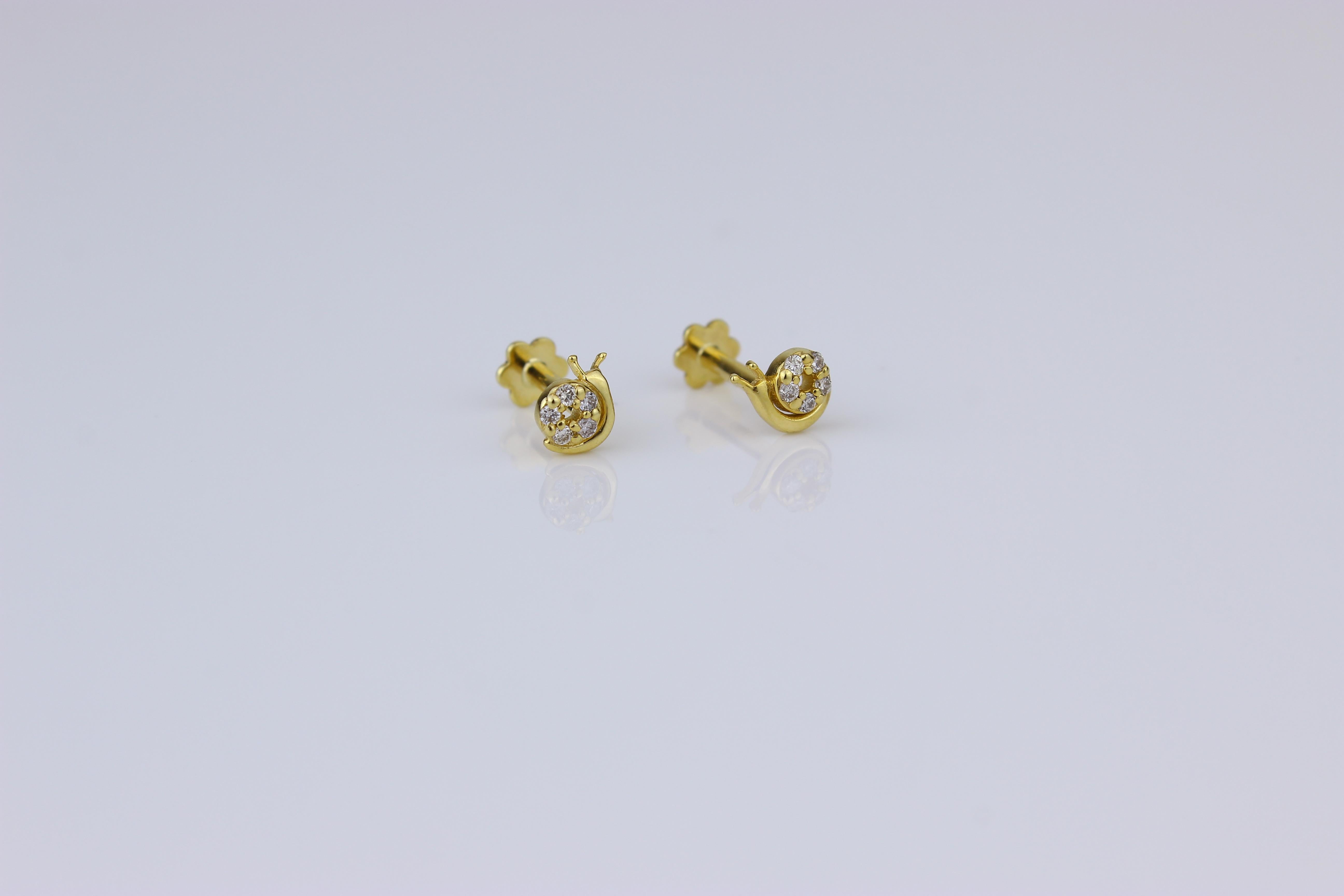 Charming SNAIL Diamond Earrings designed for Girls (Kids/Toddlers) in elegant 18K Solid Gold. These whimsical earrings feature adorable snail motifs with delicate diamond accents, bringing a touch of playful elegance to your child's style, while
