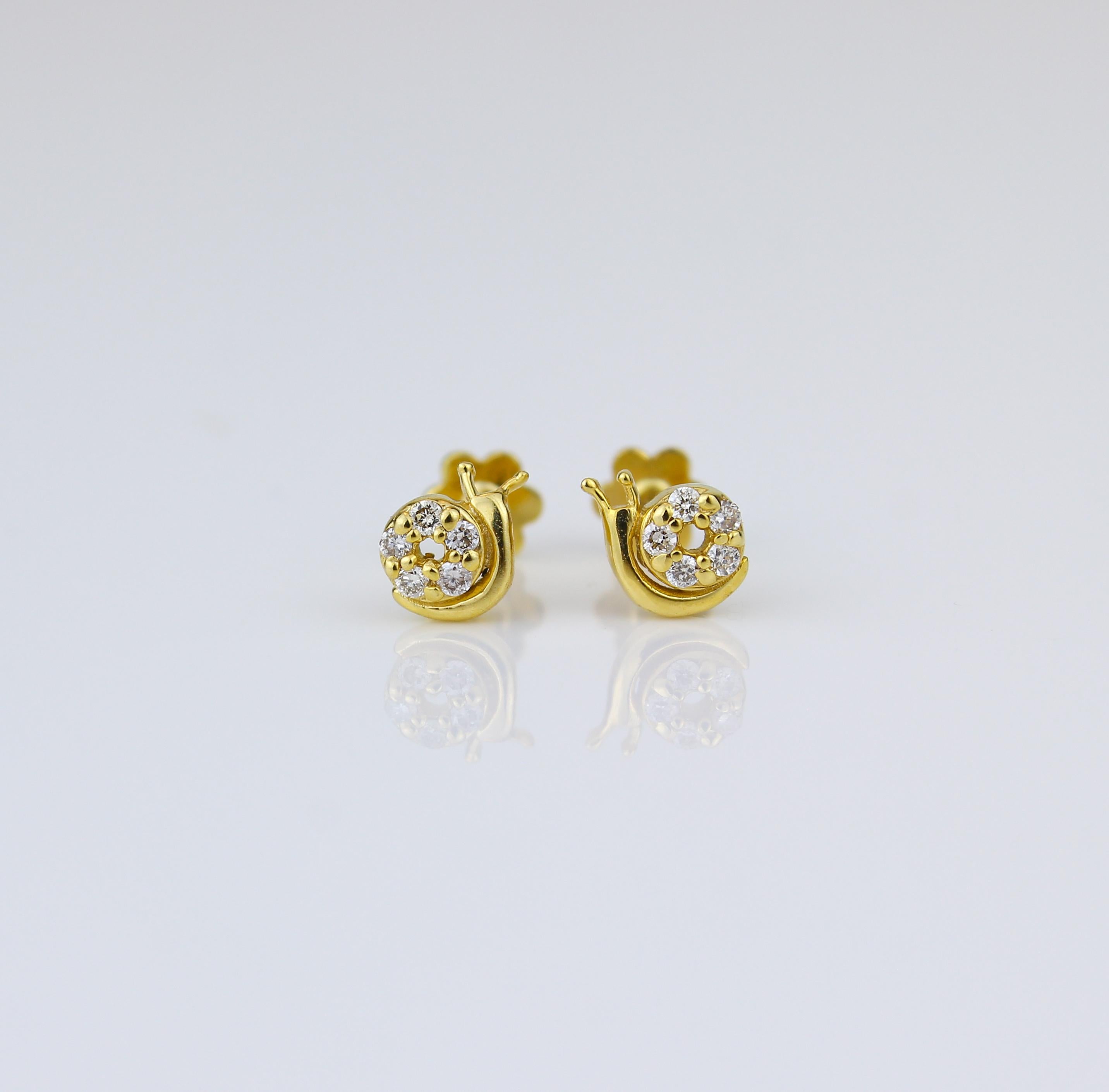 Art Deco Snail Diamond Earrings for Girls (Kids/Toddlers) in 18K Solid Gold For Sale