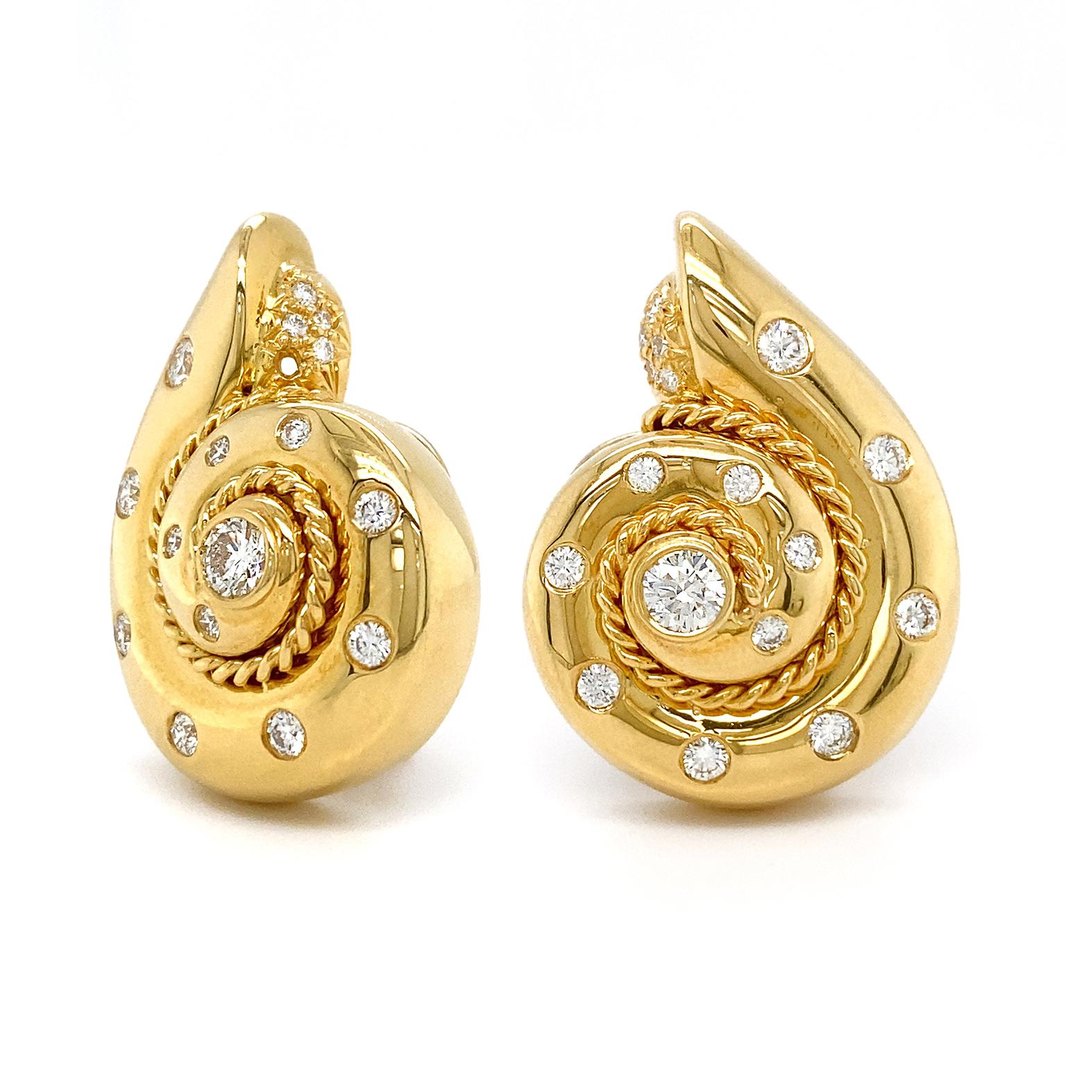 18 Karat Gelbgold Schnecken-Diamant-Ohrringe (Moderne) im Angebot