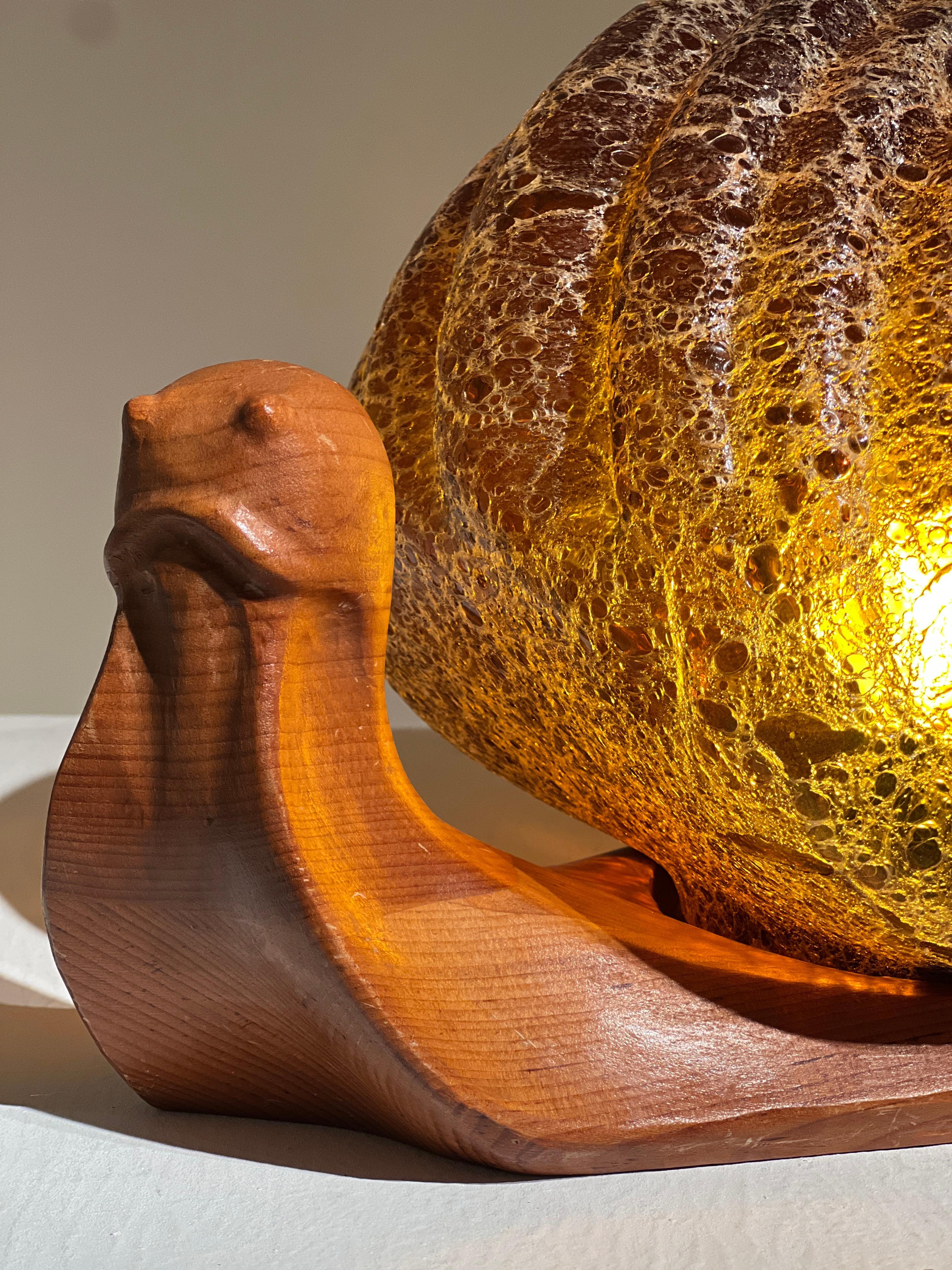 Snail lamp in Wood and Murano glass by Marzio Cecchi for Studio Most. Signed on the Wooden part.