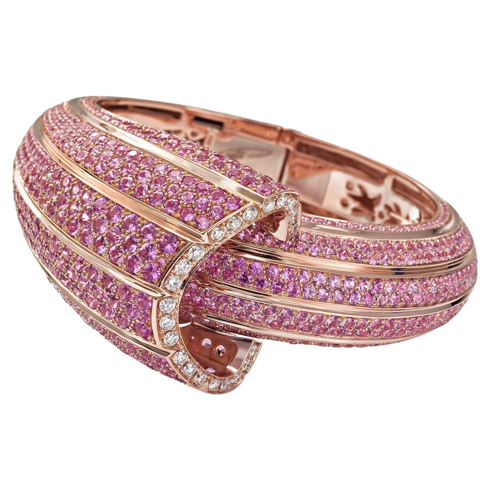"Costis" Snail Shell Pave Bracelet - 33.81 cts Pink Sapphires, 1.22 cts Diamonds For Sale