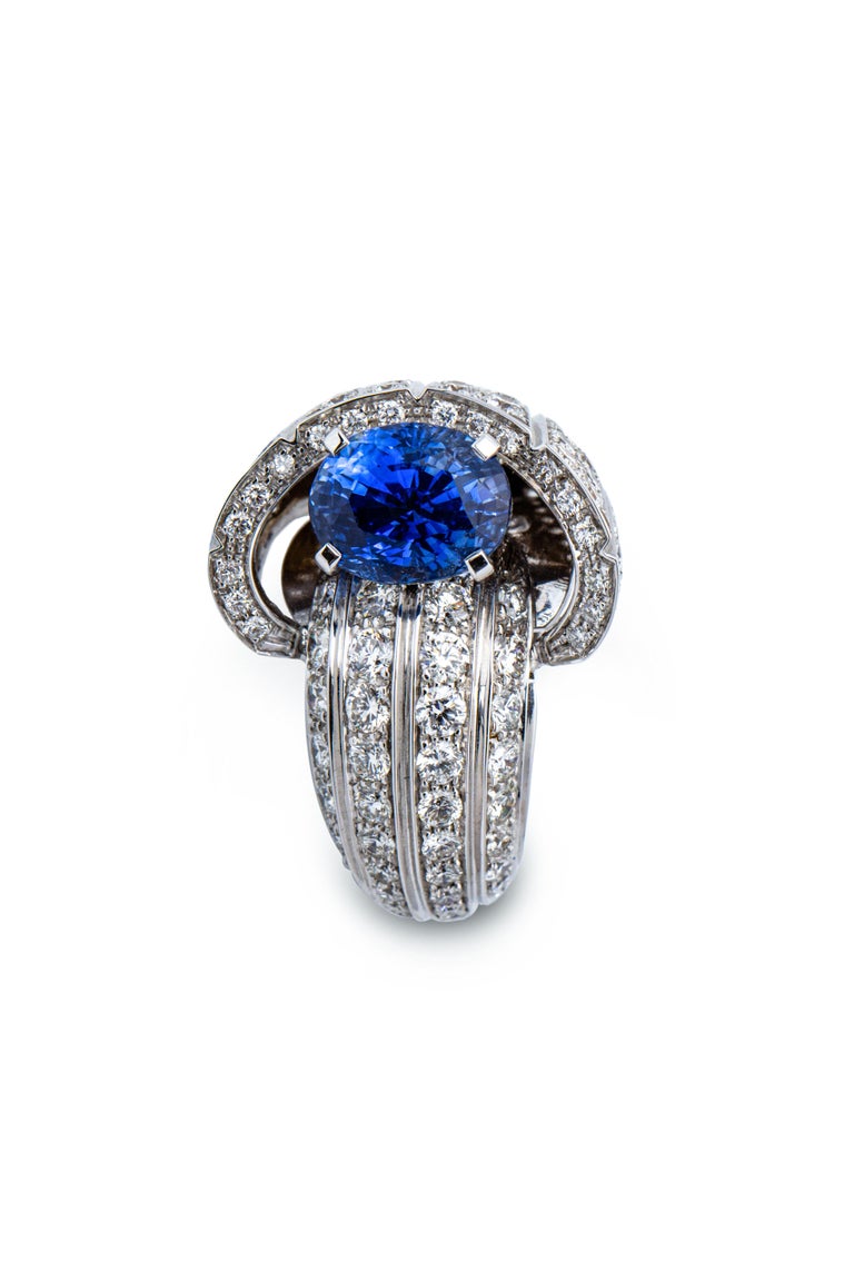 Snail Shell Pave Ring with Certified No-Heated Blue Sapphire of 4.62 ...