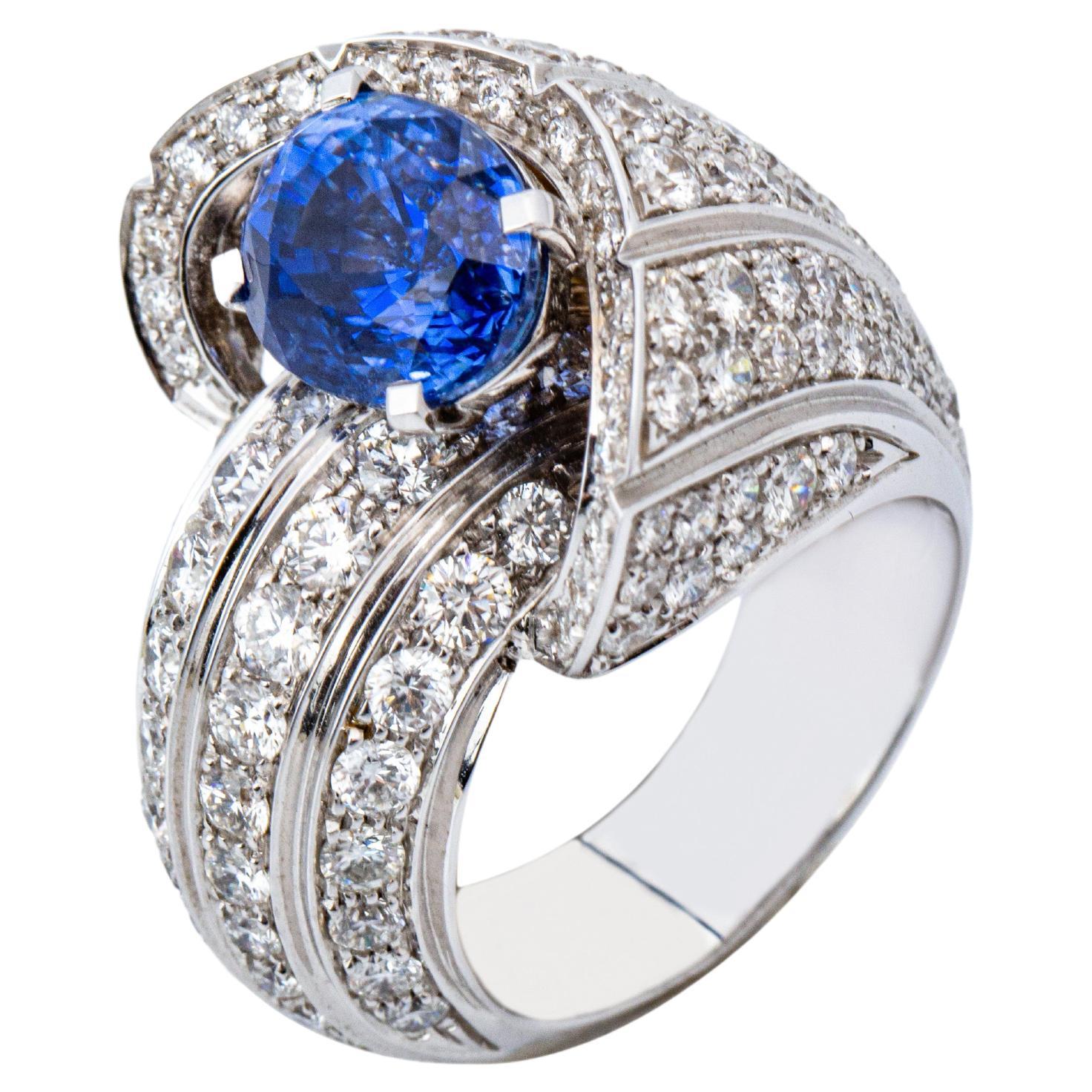 "Costis" Snail Shell Pave Ring with Certified No-Heated 4.62 cts Blue Sapphire For Sale