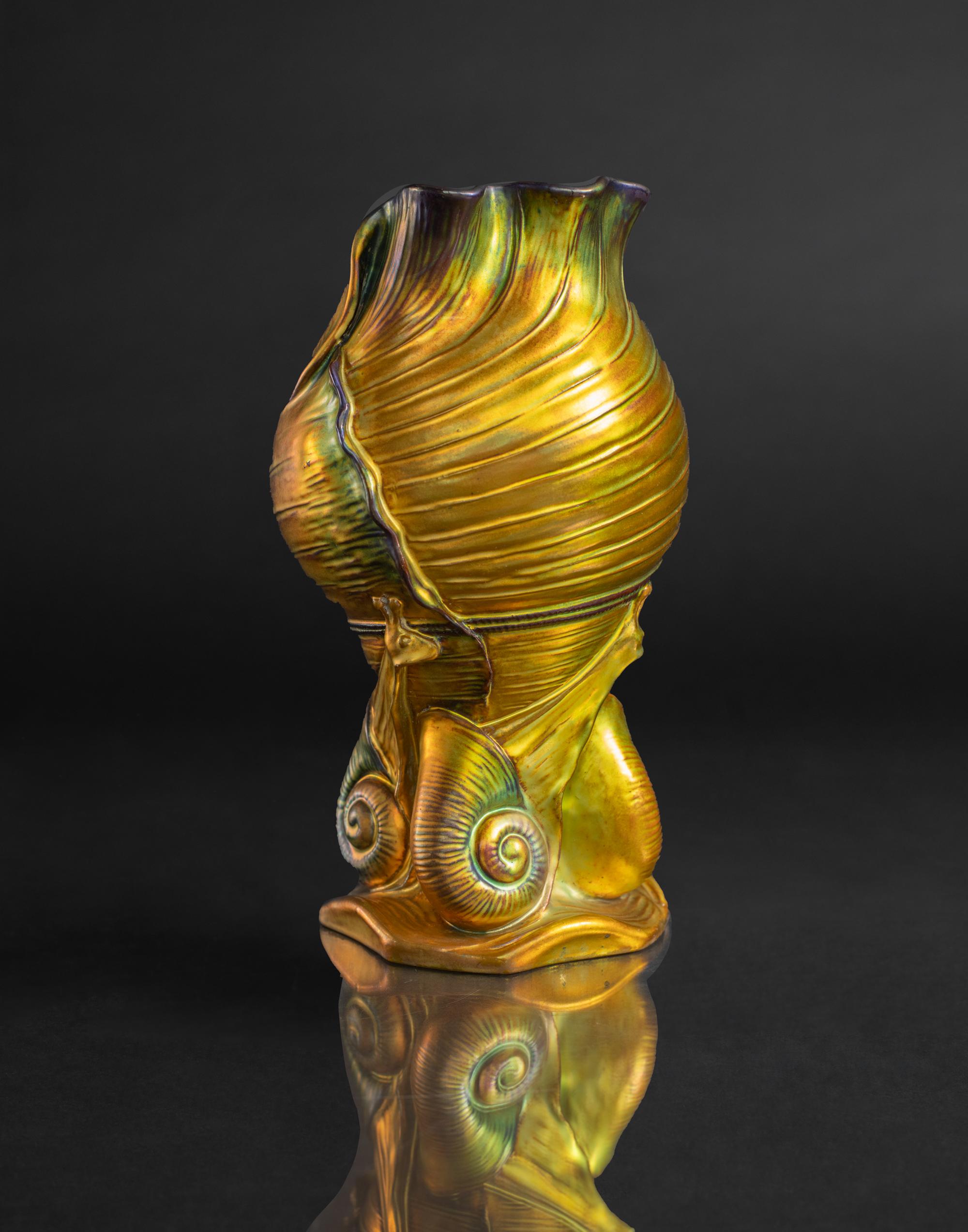 Art Nouveau Snails & Shell Vase Attributed to Mihaly Nagy for Zsolnay For Sale