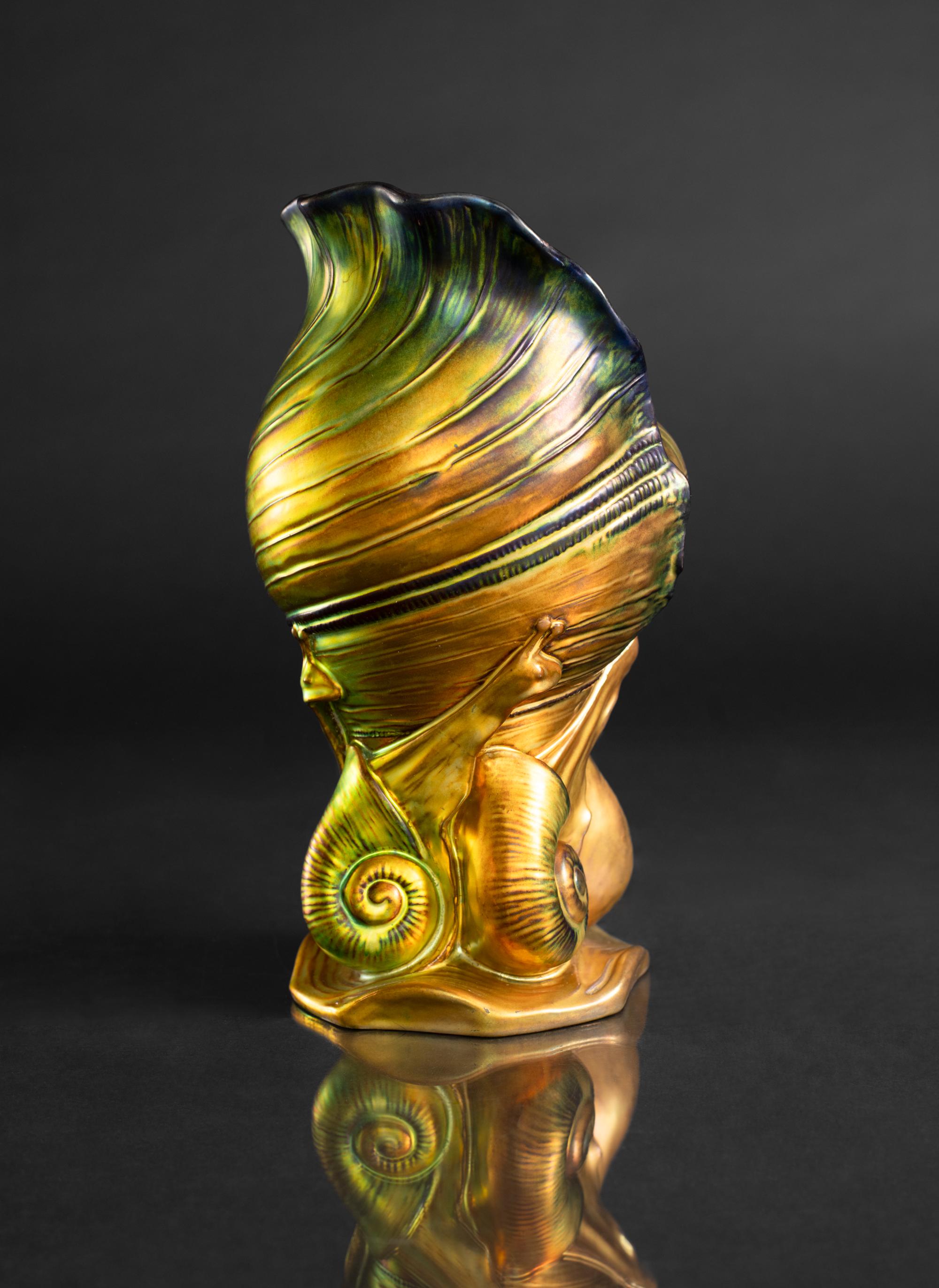 Hungarian Snails & Shell Vase Attributed to Mihaly Nagy for Zsolnay For Sale