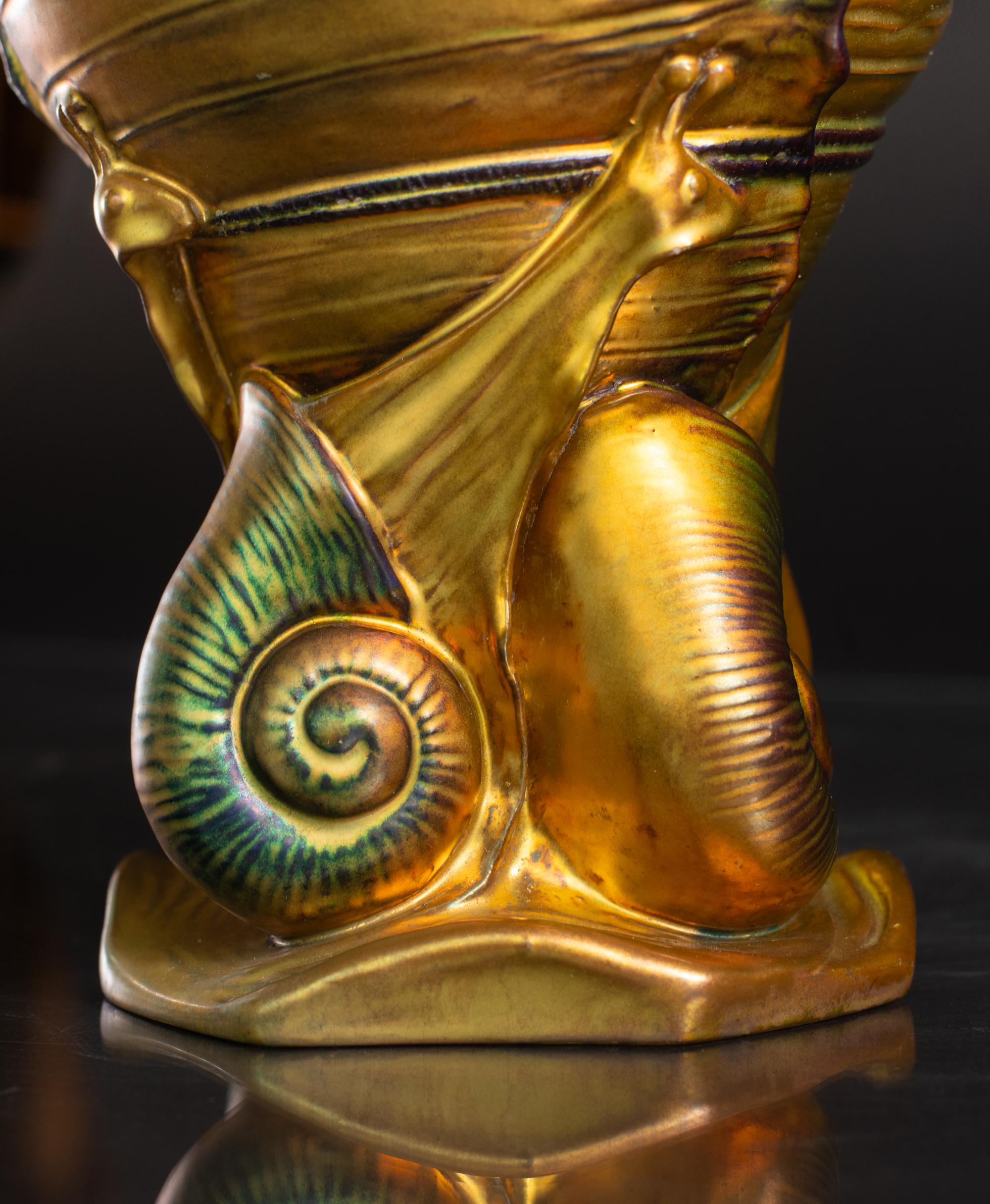 Early 20th Century Snails & Shell Vase Attributed to Mihaly Nagy for Zsolnay For Sale