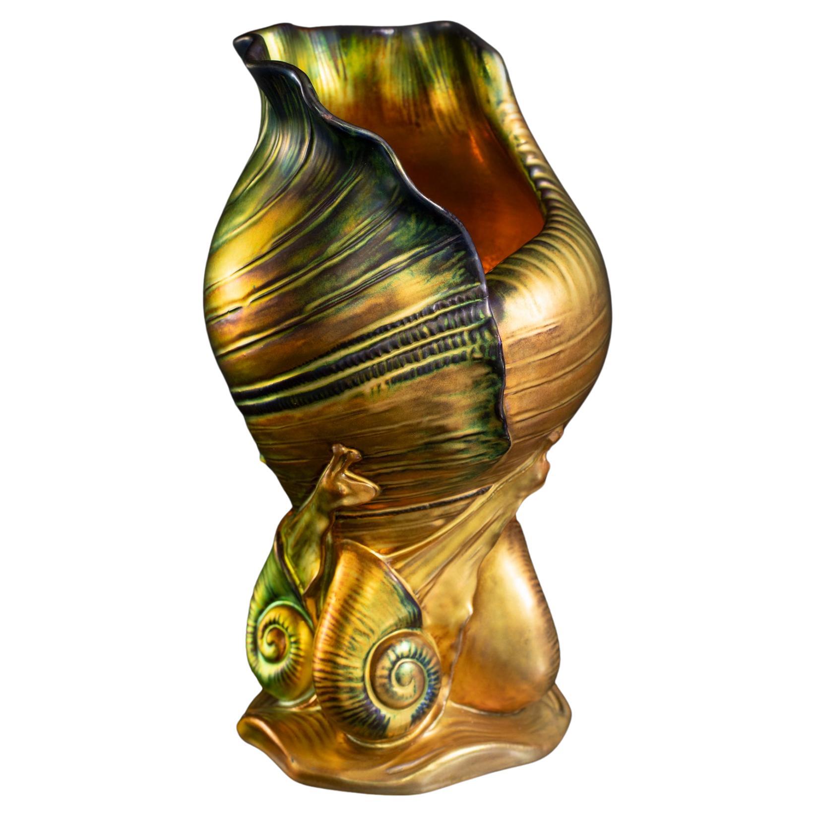 Snails & Shell Vase Attributed to Mihaly Nagy for Zsolnay For Sale