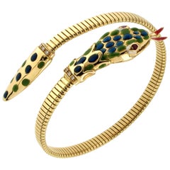 Snake 18 Karat Yellow Gold Ruby Diamonds Cuff Bracelet