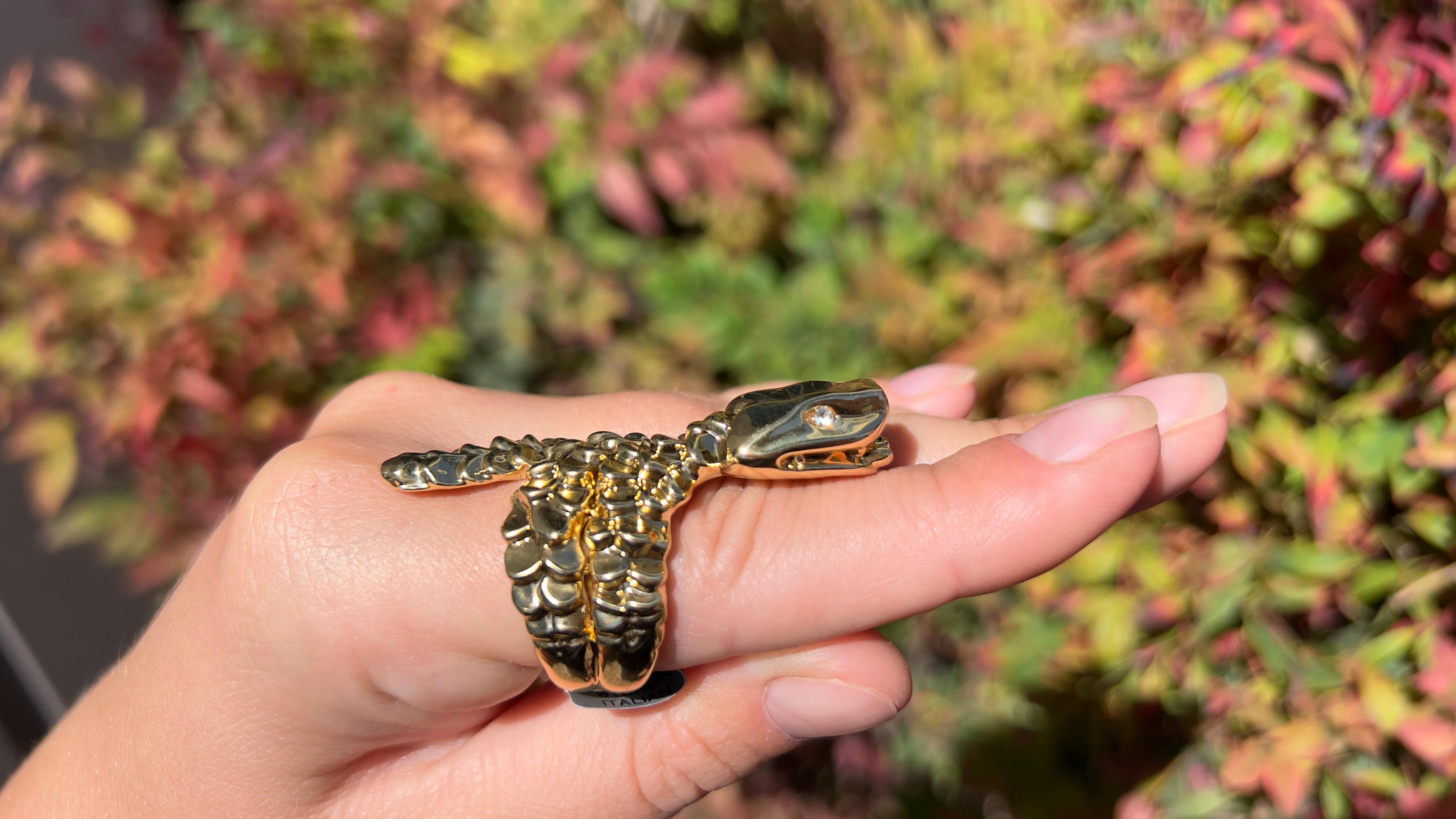 Snake 18K Gold Plated Ring Encrusted With White Topaz In New Condition For Sale In Carlsbad, CA
