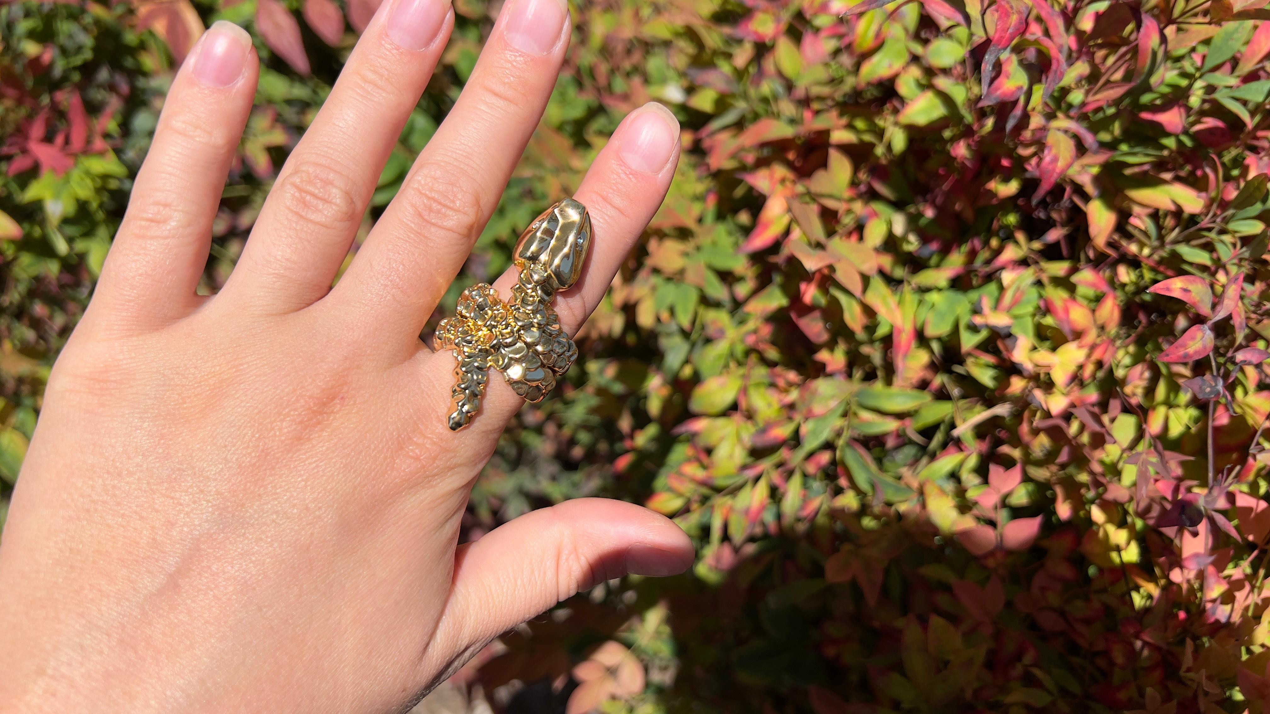 Women's or Men's Snake 18K Gold Plated Ring Encrusted With White Topaz For Sale