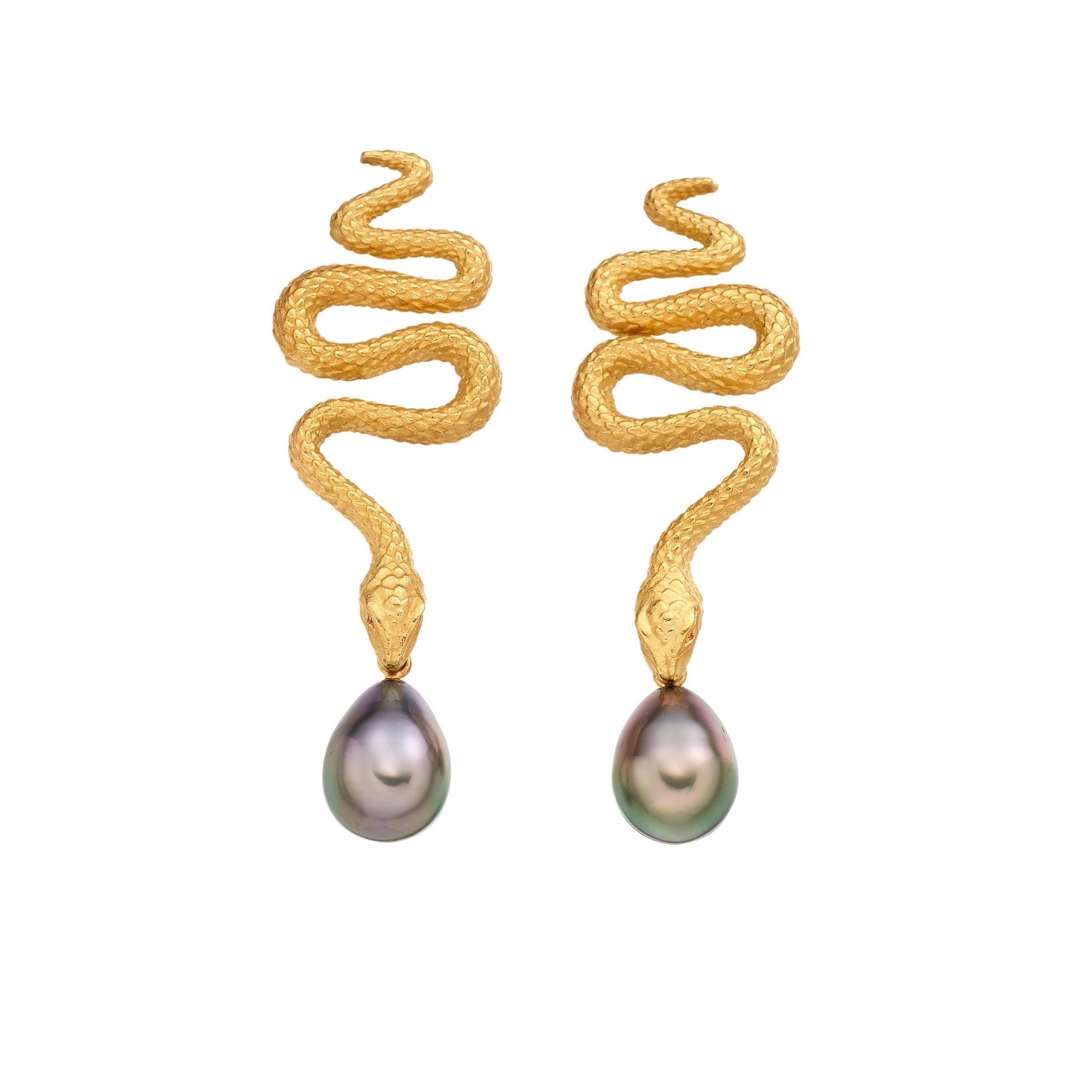Snake and Black Pearl 18 Karat Cocktail Earrings For Sale