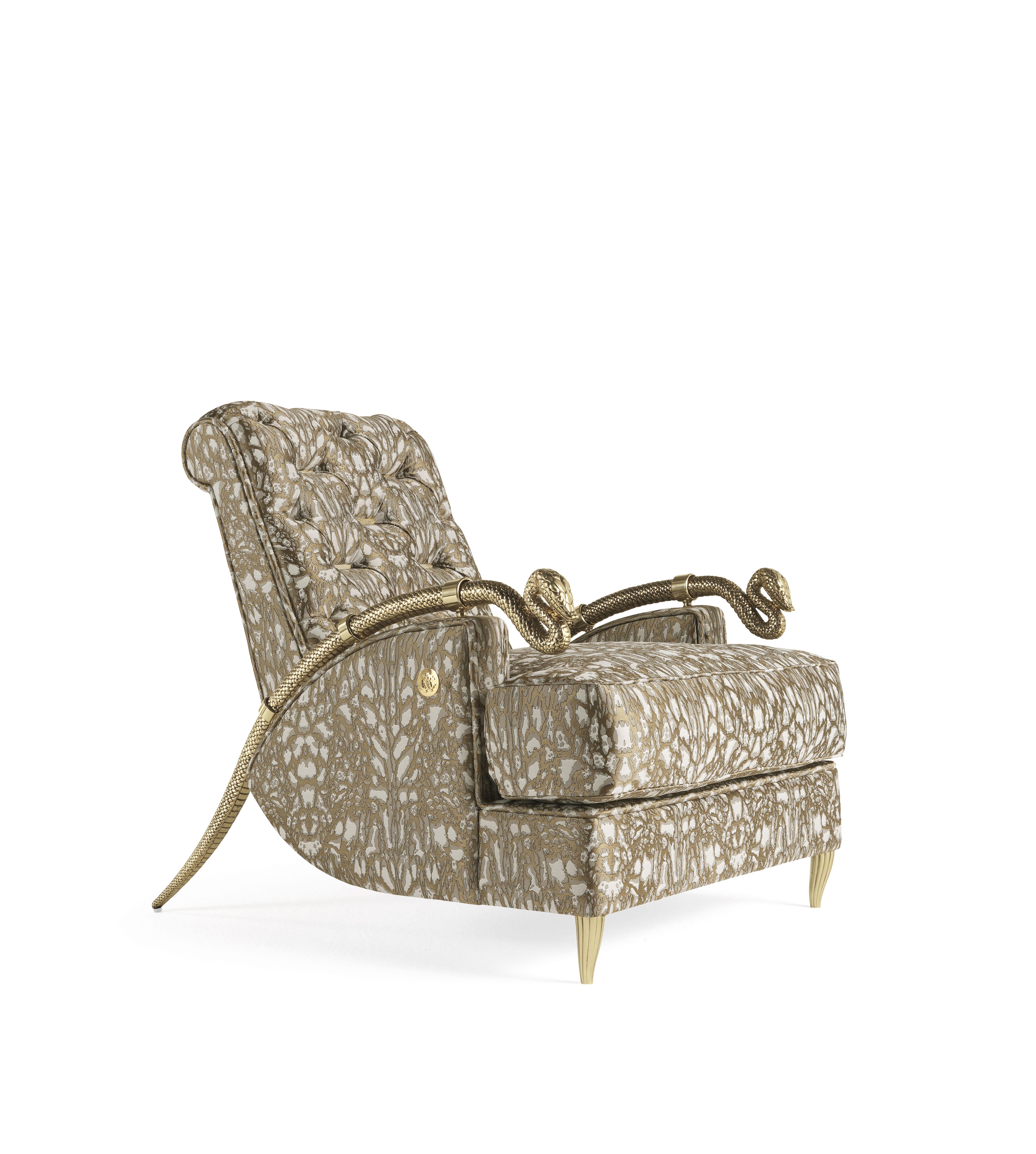 Animals inspire interiors! A really aggressive armchair with the two golden snakes that act as armrests, recalling the rich details used in Roberto Cavalli's world.
Snake Armchair structure in poplar wood and foam. Upholstery in fabric CAT. A Deni