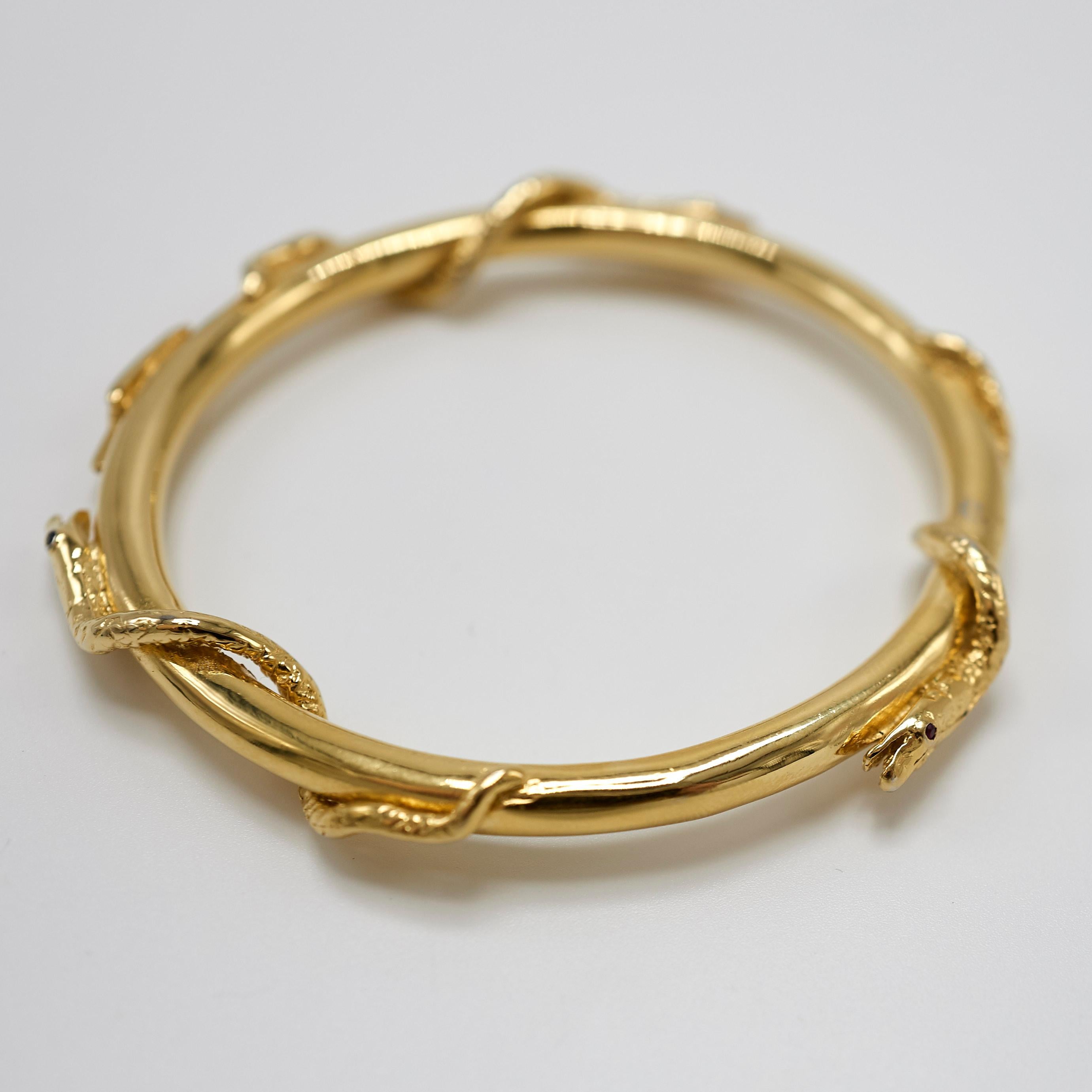 Snake Bangle Bracelet Ruby Eyes Gold Plated J Dauphin In New Condition For Sale In Los Angeles, CA