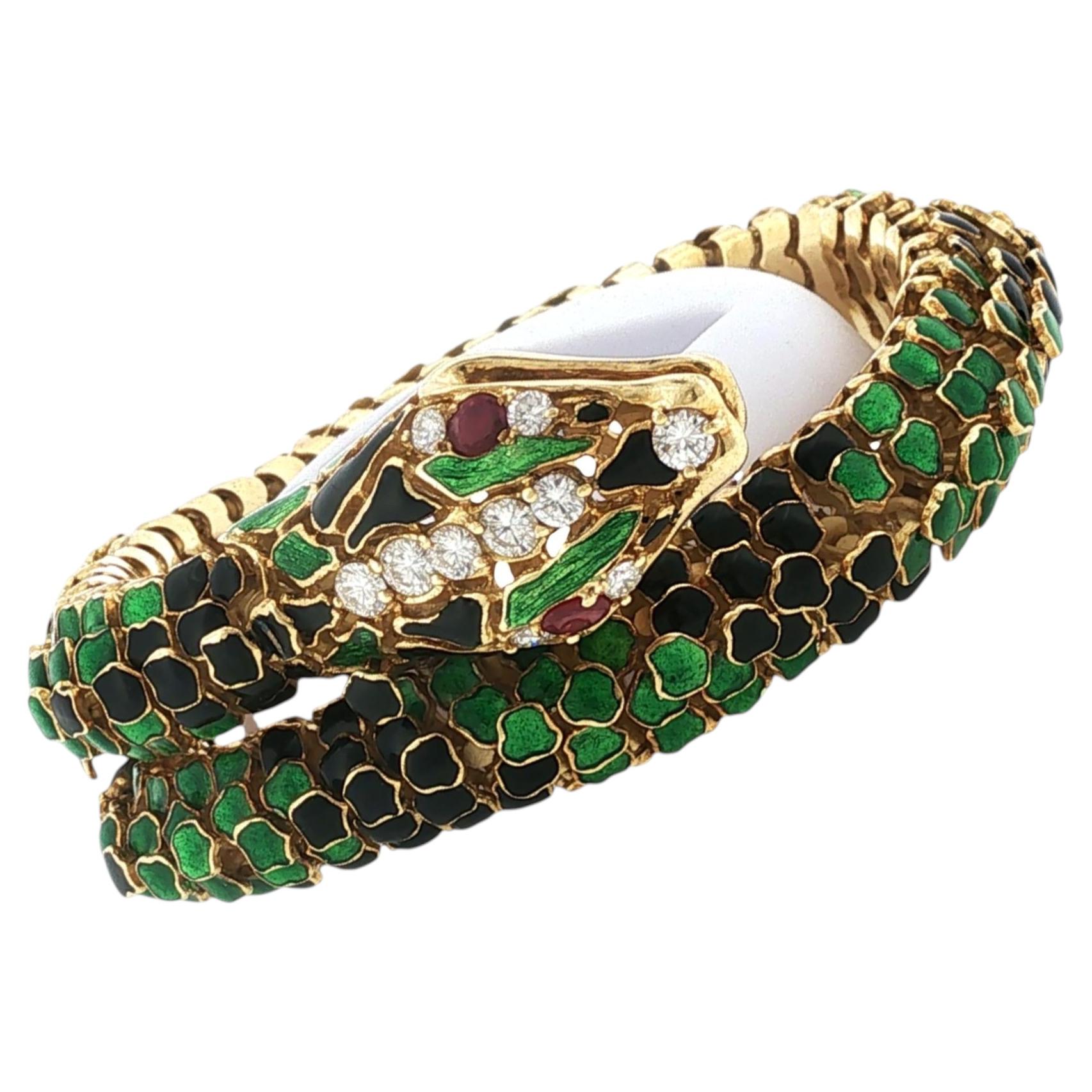Bracciale a serpente con smalto e diamanti, in oro giallo 18 carati, maglie flessibili, stile vintage