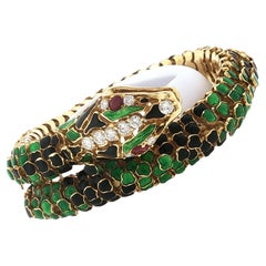 Snake Bracelet Enamel Diamond 18 Karat Yellow Gold Flexible Link Vintage