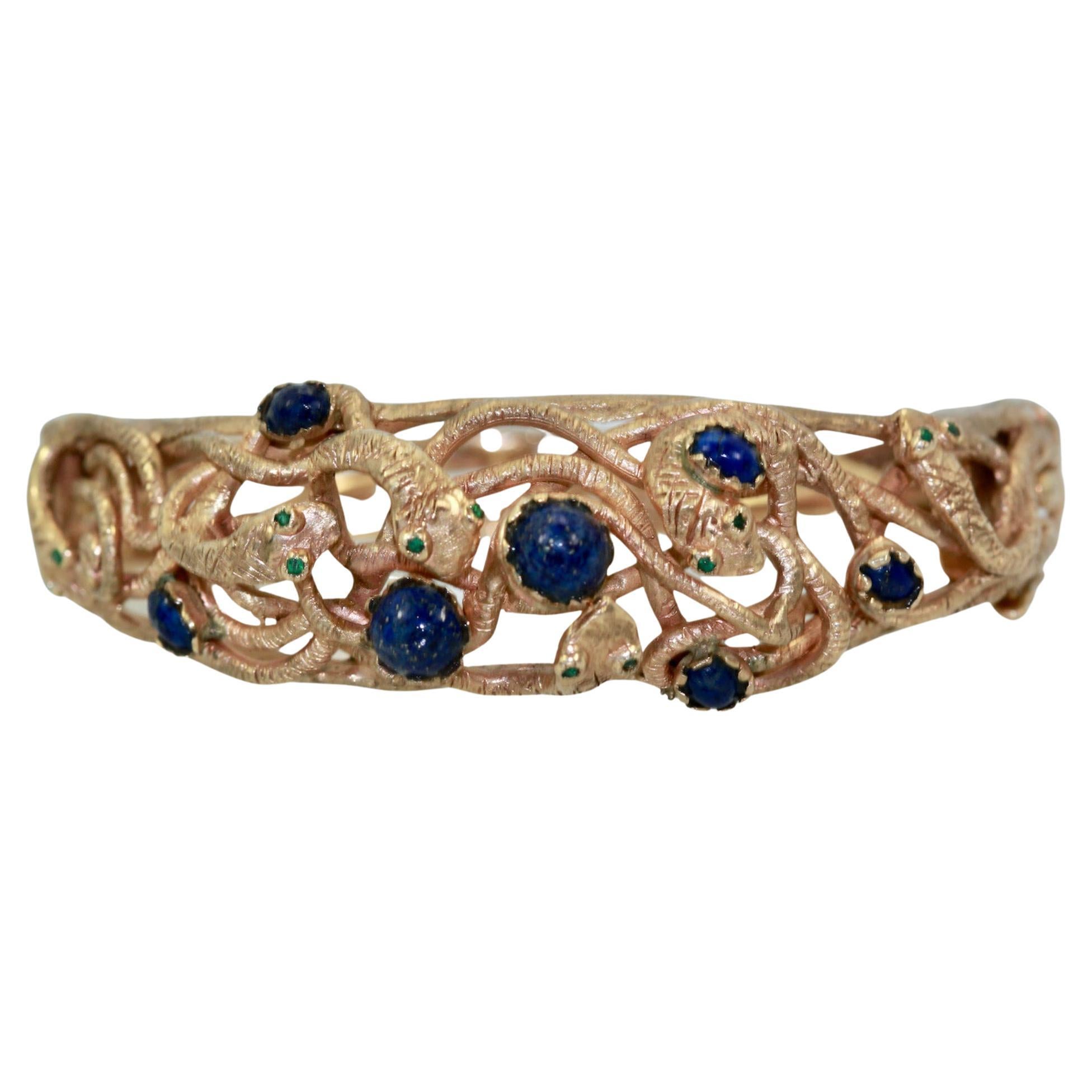 Snake Bracelet w/ Lapis 14K For Sale