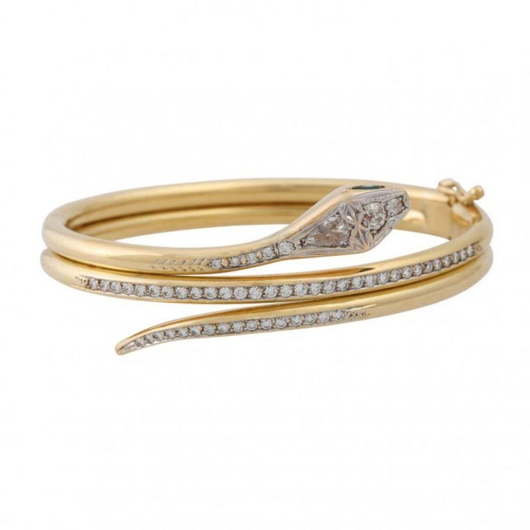 Snake Bracelet with Diamonds and Emerald Eyes For Sale at 1stDibs