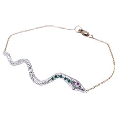 Bracciale a catena a forma di serpente Zaffiro rosa smeraldo Argento