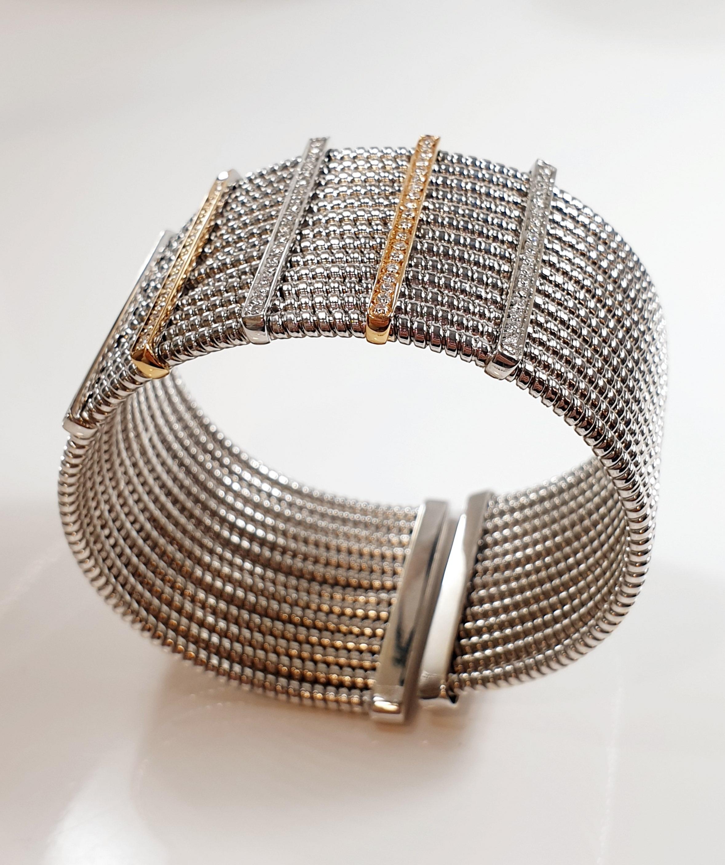 Snake Chain Cuff Bracelet in 18 Karat White and Yellow Gold with White Diamonds For Sale 5