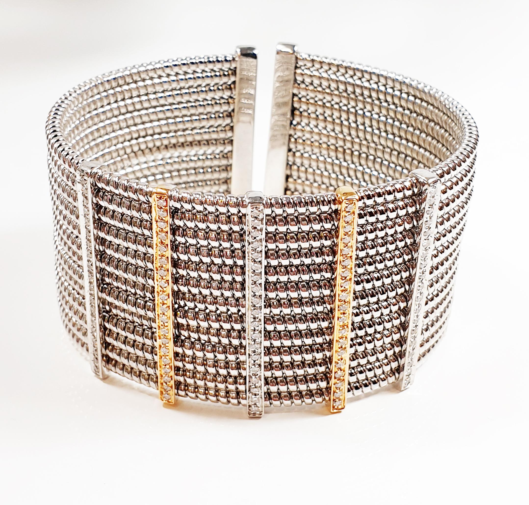 Brilliant Cut Snake Chain Cuff Bracelet in 18 Karat White and Yellow Gold with White Diamonds For Sale