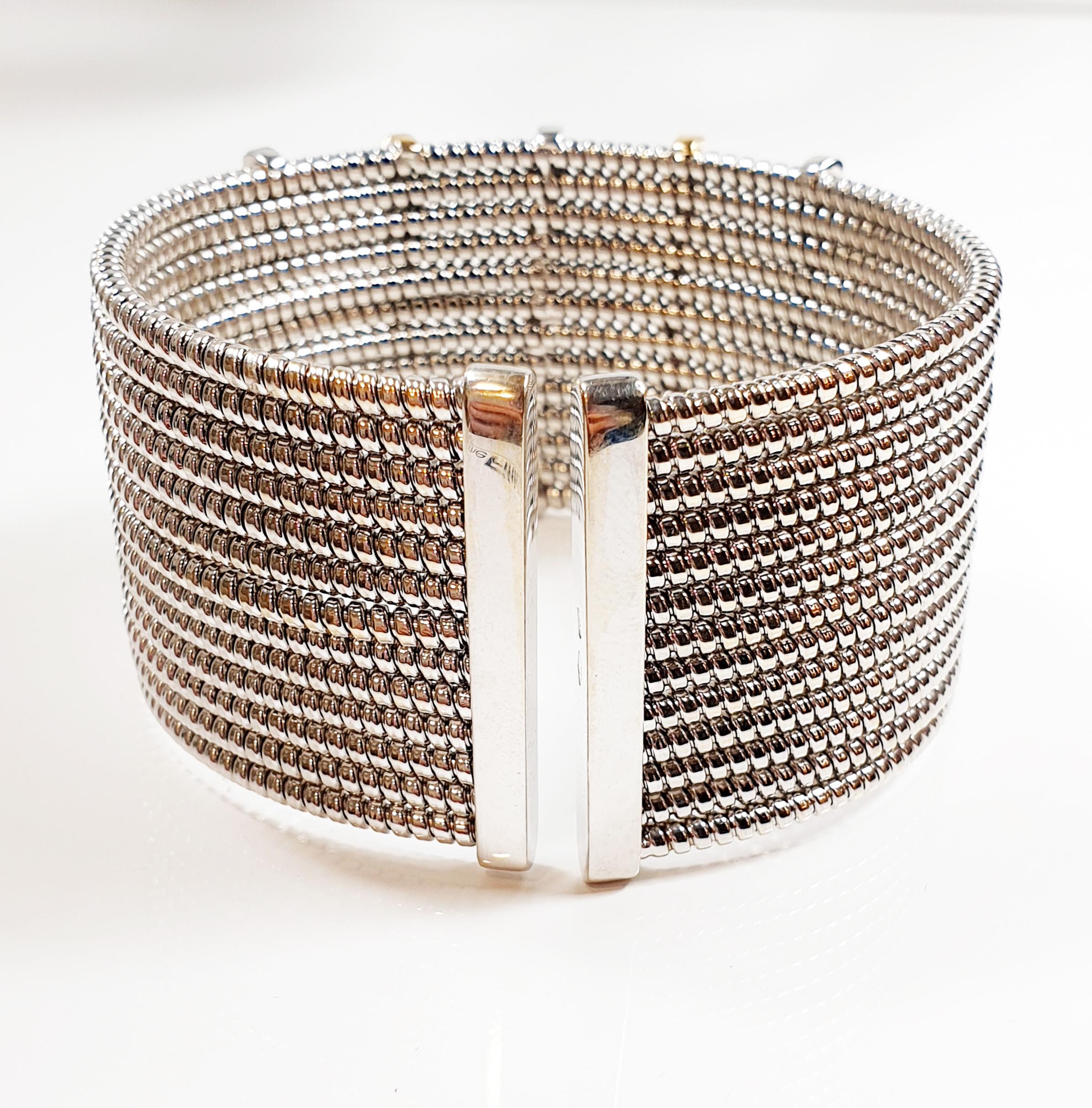 Women's Snake Chain Cuff Bracelet in 18 Karat White and Yellow Gold with White Diamonds For Sale