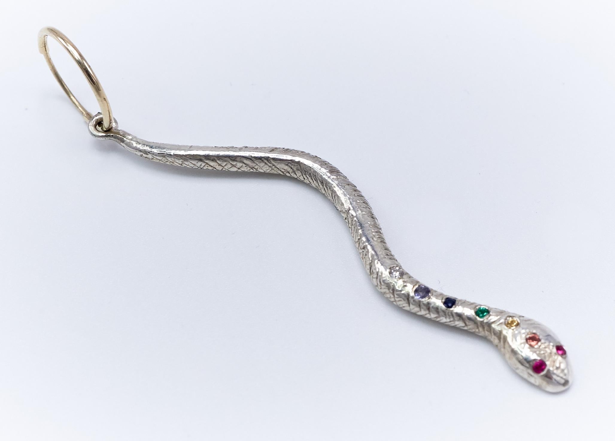 Contemporary Rainbow Snake Chakra Earring White Diamond Tanzanite Blue Sapphire Emerald  For Sale