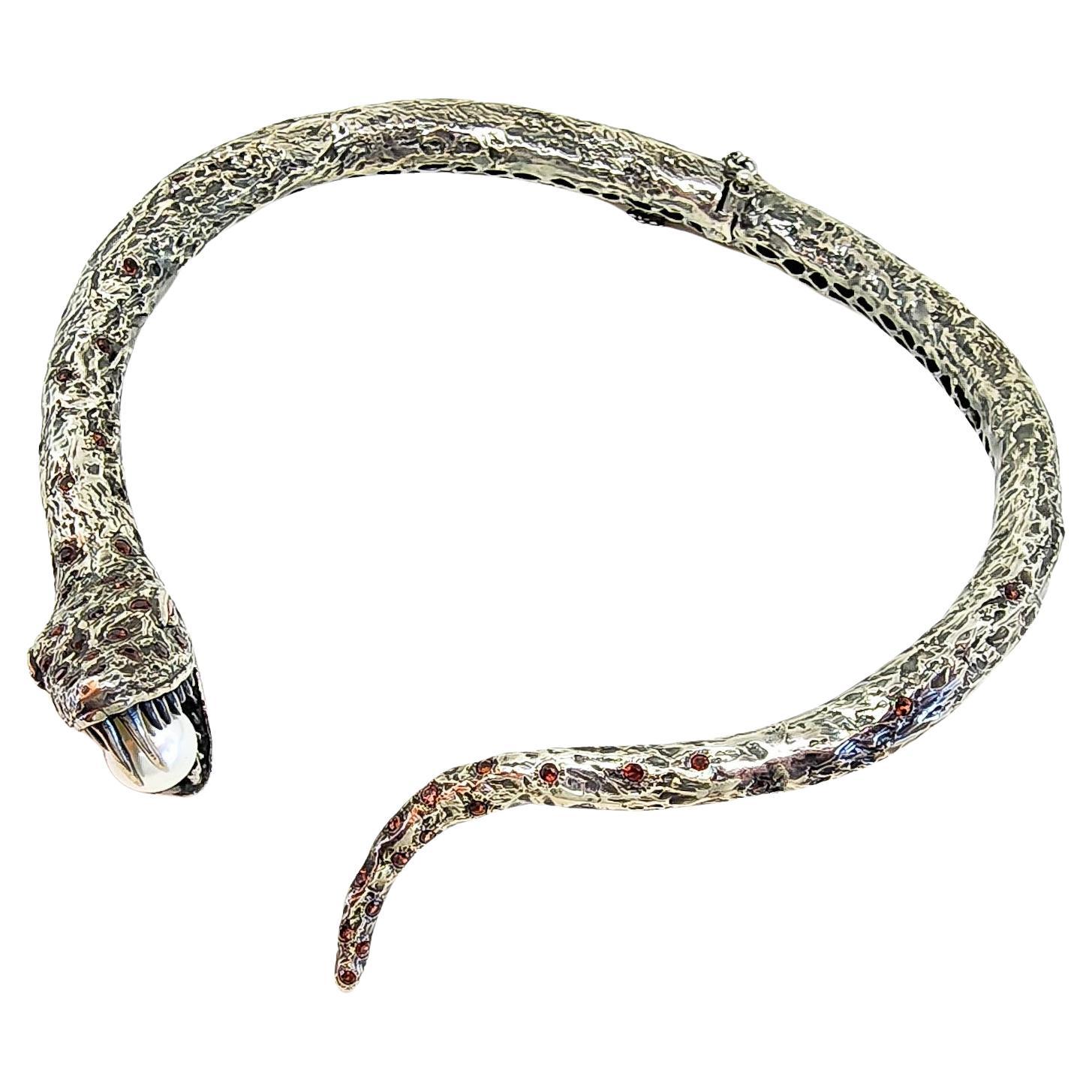 Schlangenhalskette Choker Halskette Orange Saphir Südseeperle Gothic Schlange Silber  (Kunsthandwerker*in) im Angebot