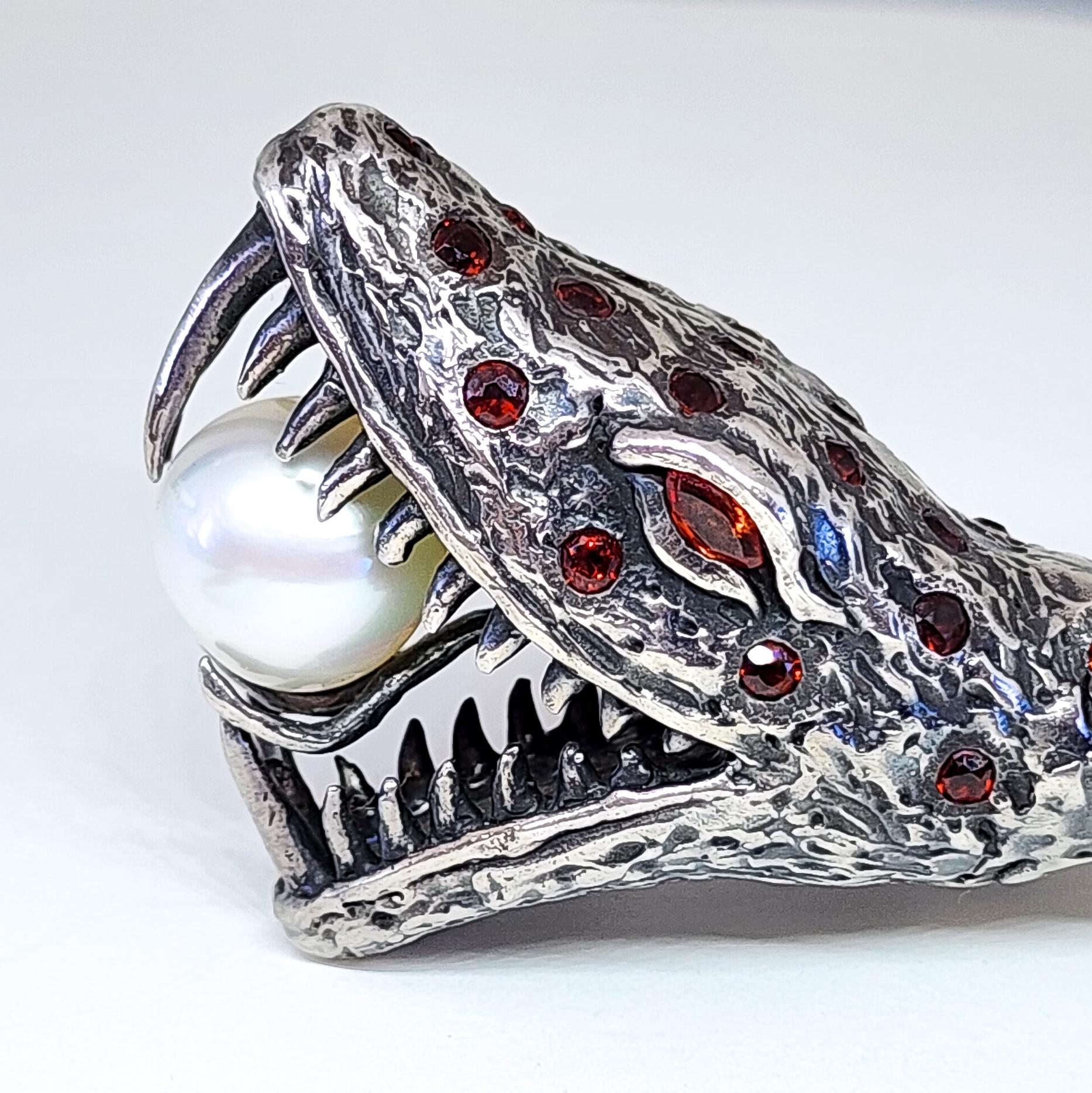 Collier ras du cou serpent gothique en argent, saphirs orange, perles des mers du Sud  en vente 1