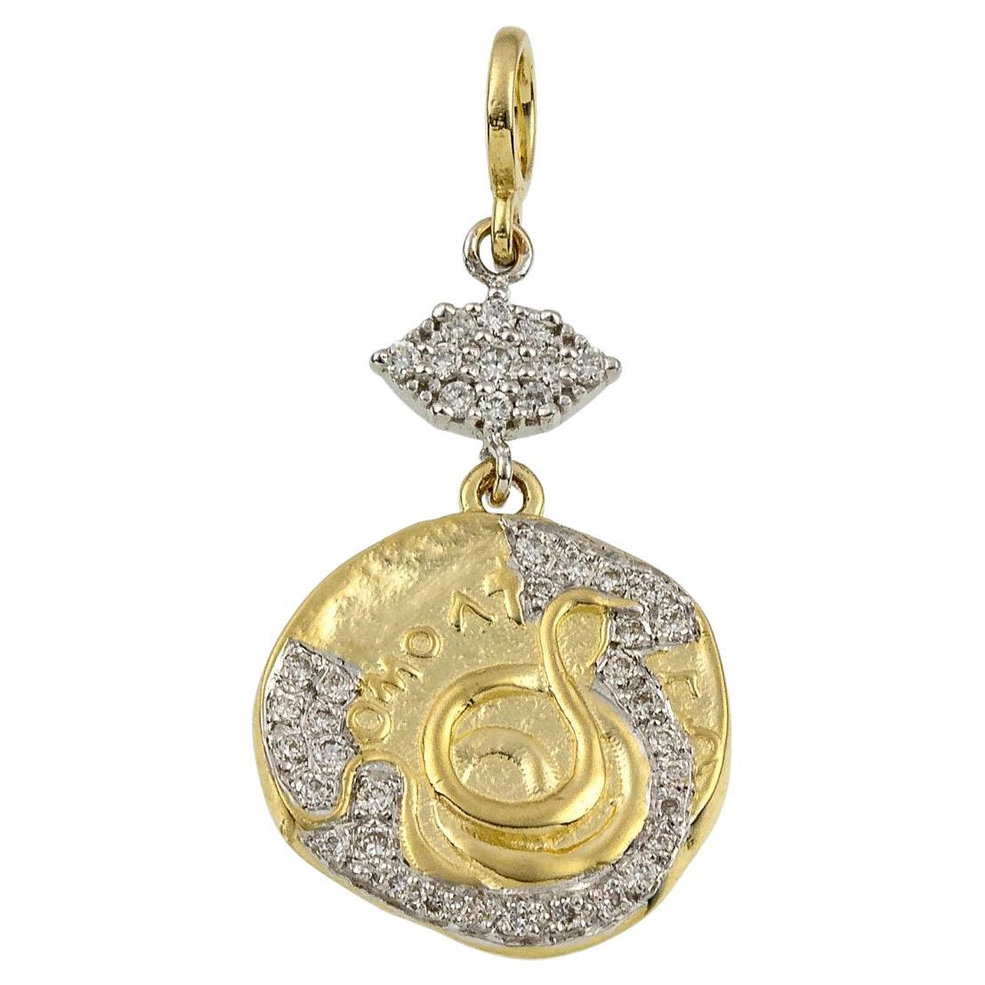 Snake Coin Pendant in Gold and Diamonds For Sale