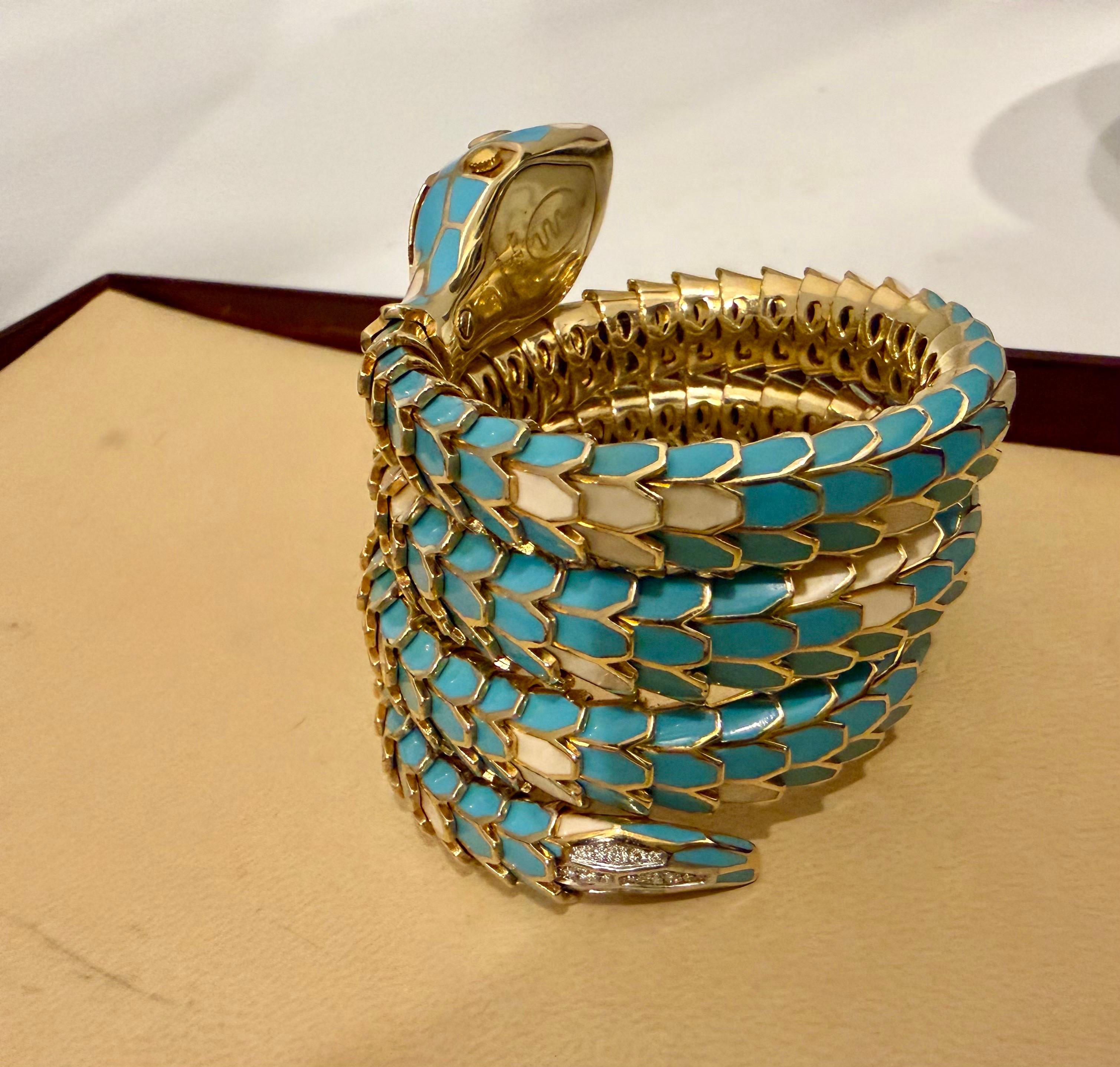 SNAKE COLLECTION , Turquoise & Whiting  BRACELET SERPENT , Diamants, 18K & Sterling en vente 5