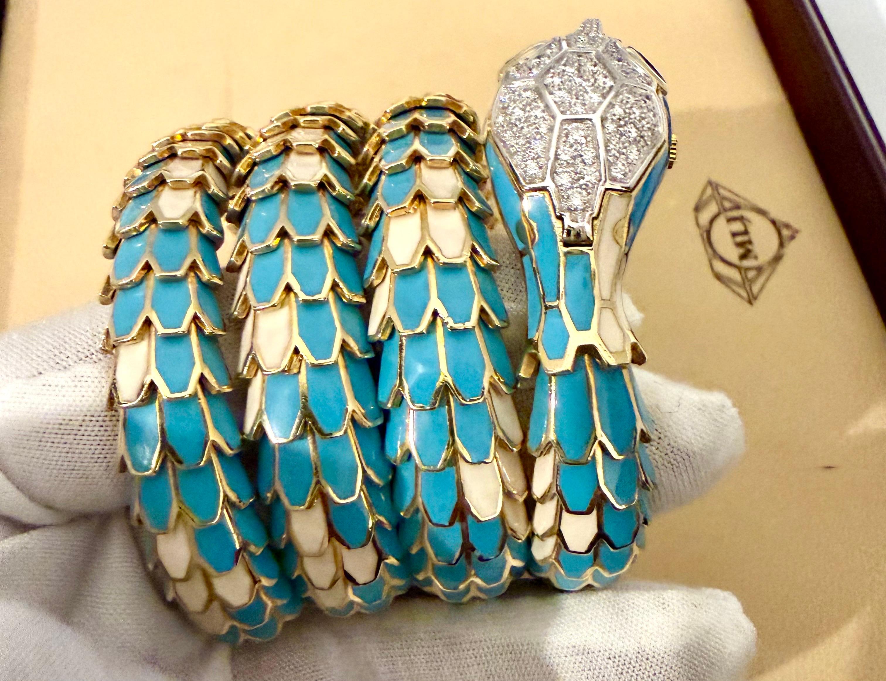 SNAKE COLLECTION , Turquoise & Whiting  BRACELET SERPENT , Diamants, 18K & Sterling en vente 6
