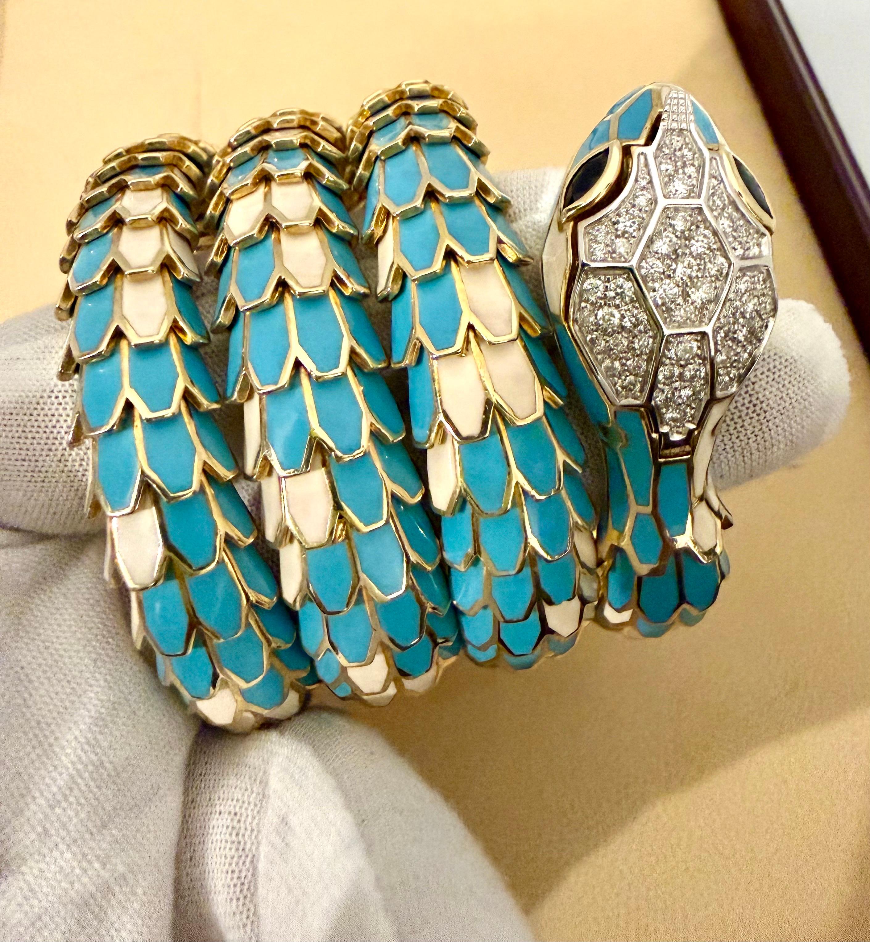 SNAKE COLLECTION , Turquoise & Whiting  BRACELET SERPENT , Diamants, 18K & Sterling en vente 7