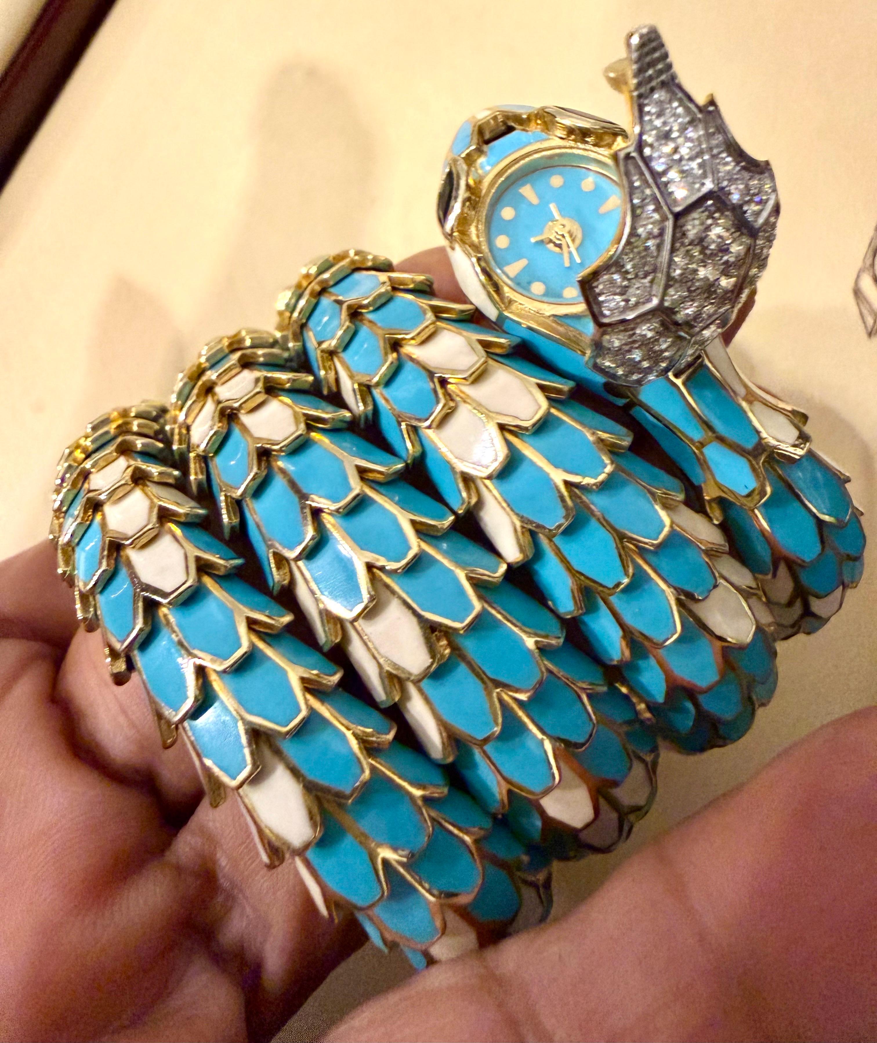 SNAKE COLLECTION , Turquoise & Whiting  BRACELET SERPENT , Diamants, 18K & Sterling en vente 8