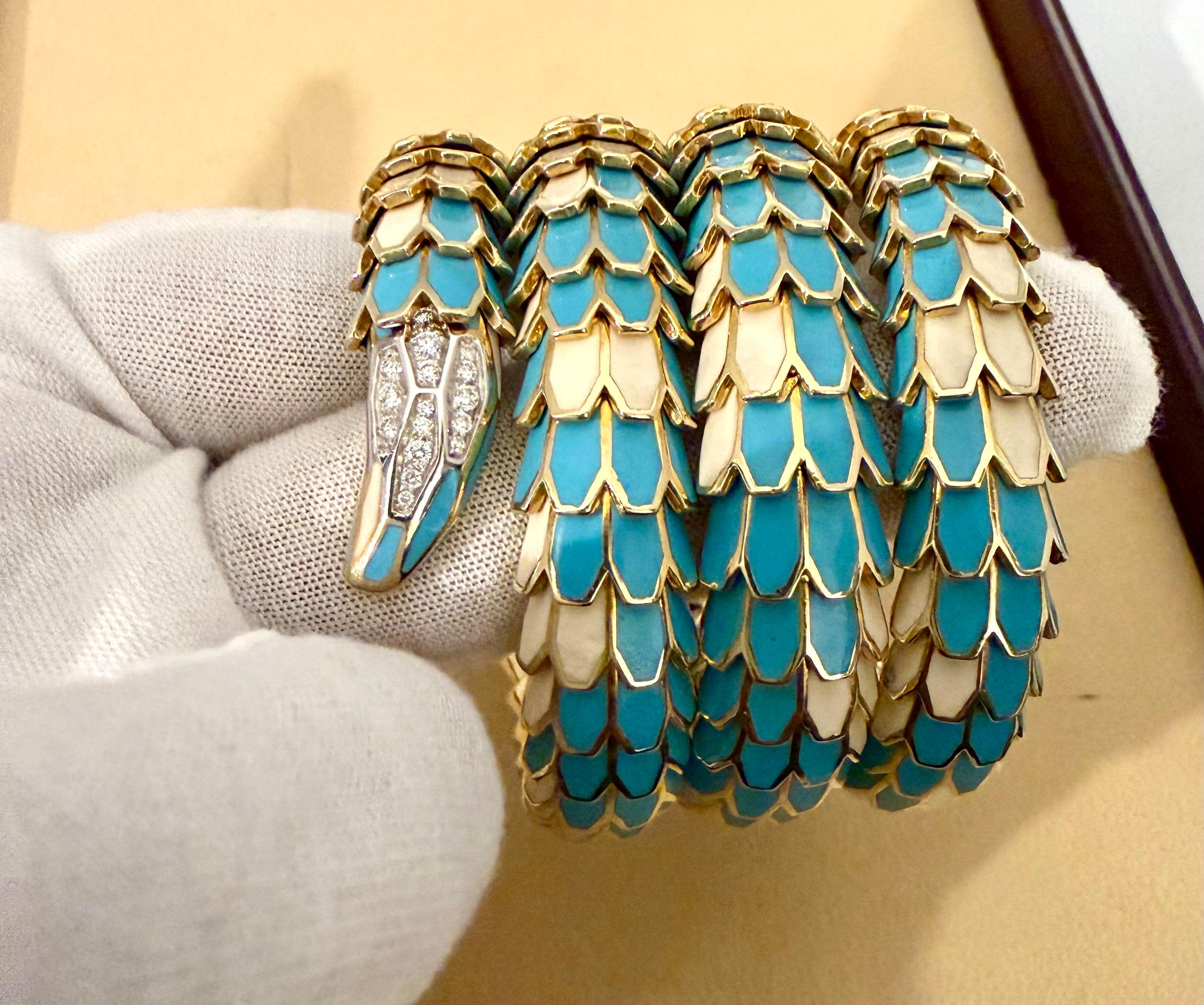 SNAKE COLLECTION , Turquoise & Whiting  BRACELET SERPENT , Diamants, 18K & Sterling en vente 9