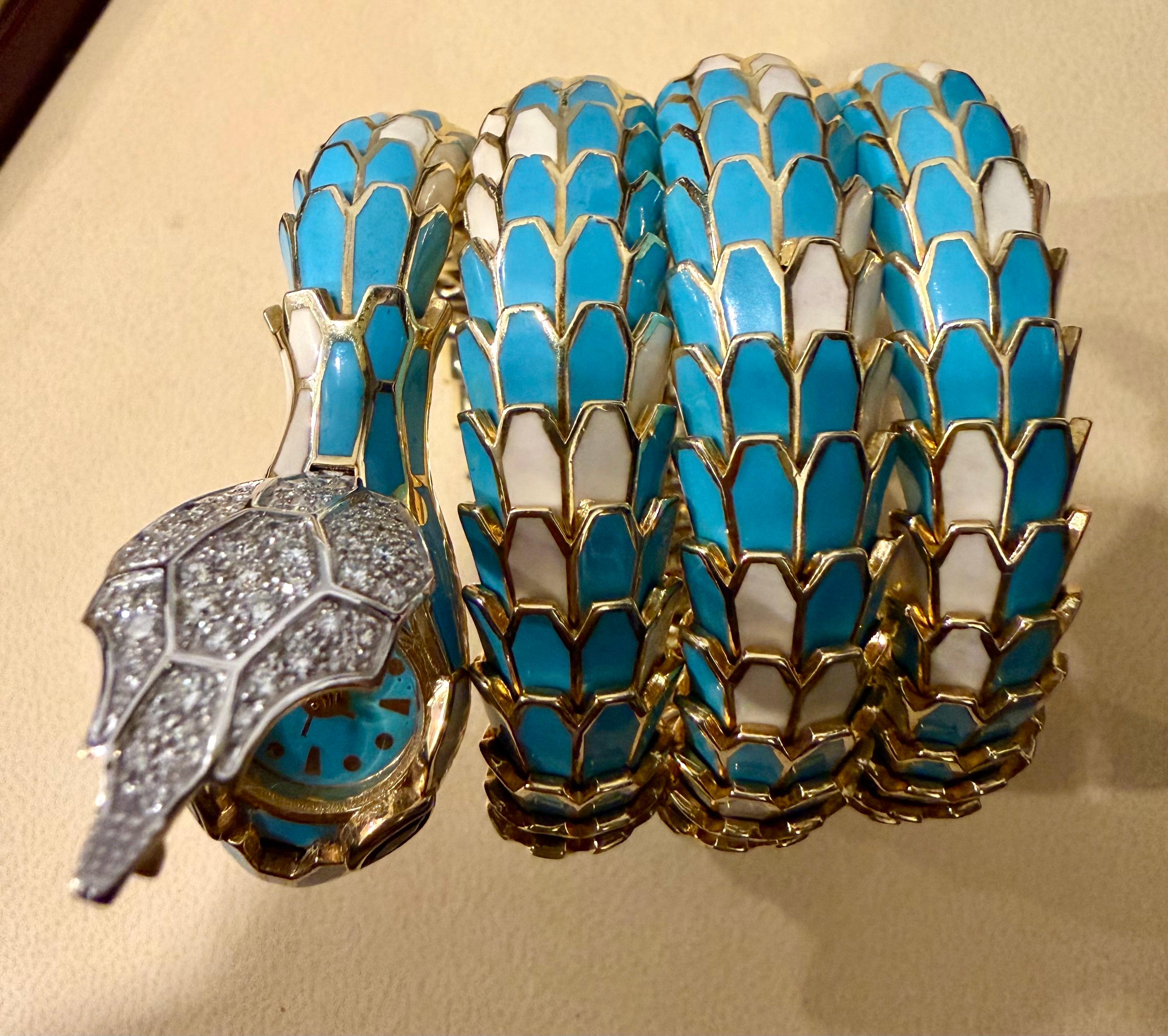 SNAKE COLLECTION , Turquoise & Whiting  BRACELET SERPENT , Diamants, 18K & Sterling en vente 10