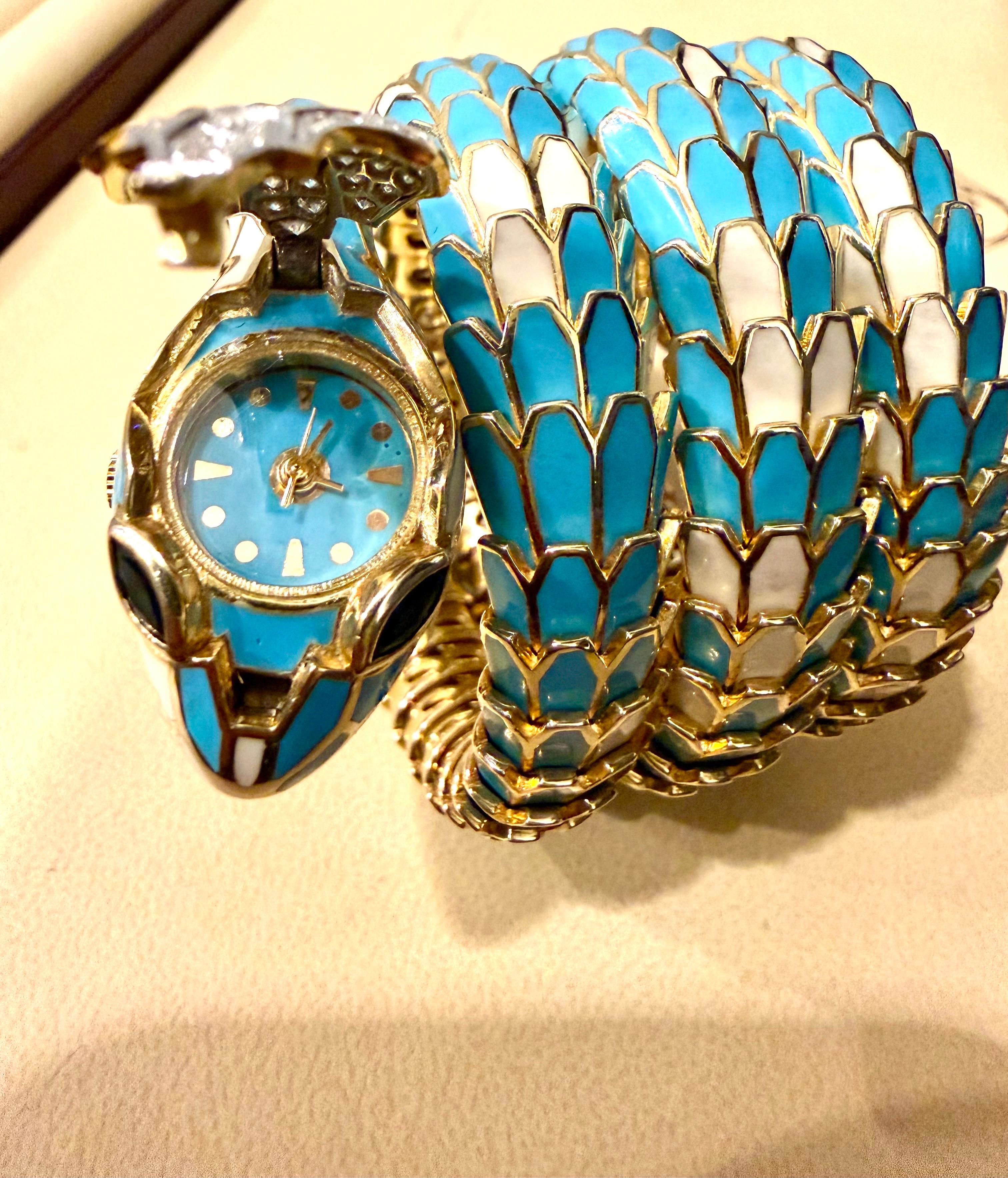 SNAKE COLLECTION , Turquoise & Whiting  BRACELET SERPENT , Diamants, 18K & Sterling en vente 11