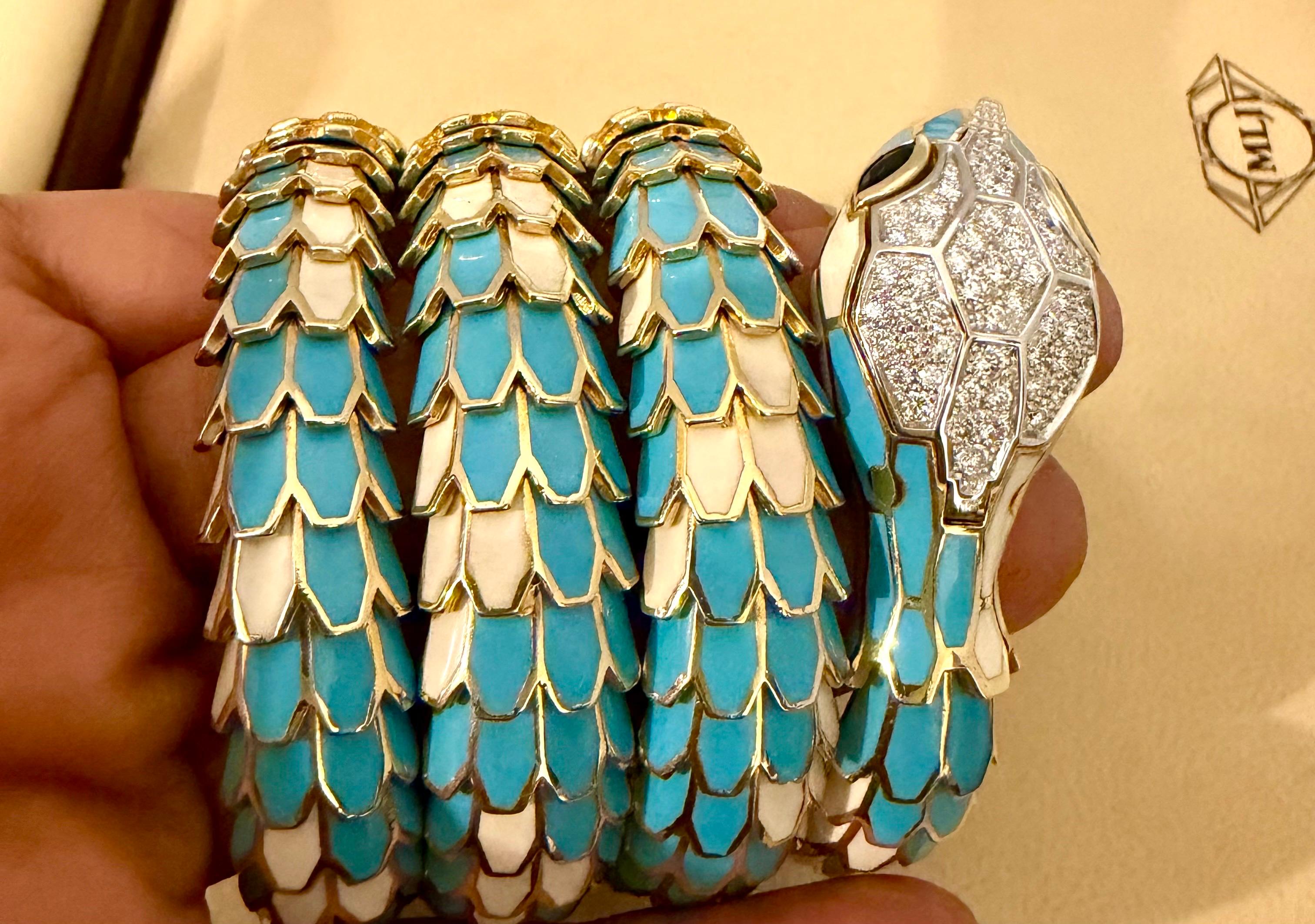 SNAKE COLLECTION , Turquoise & Whiting  BRACELET SERPENT , Diamants, 18K & Sterling en vente 12