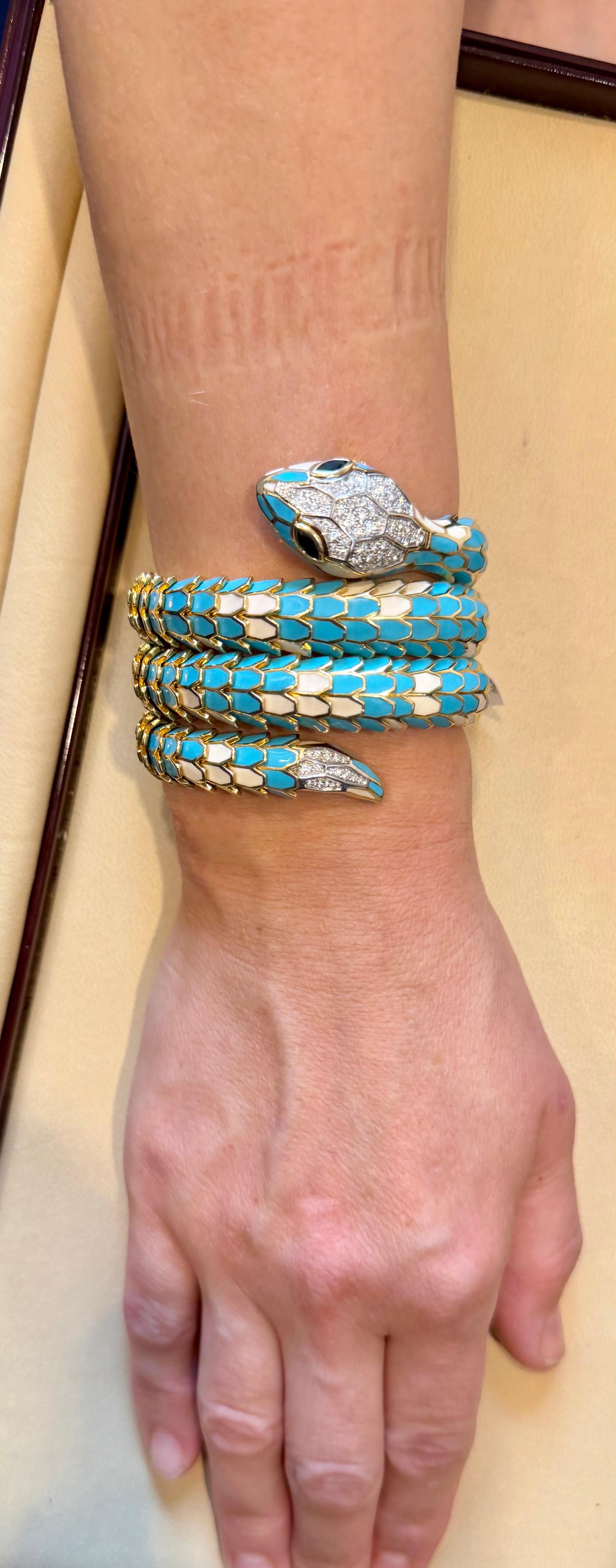 SNAKE COLLECTION , Turquoise & Whiting  BRACELET SERPENT , Diamants, 18K & Sterling en vente 14